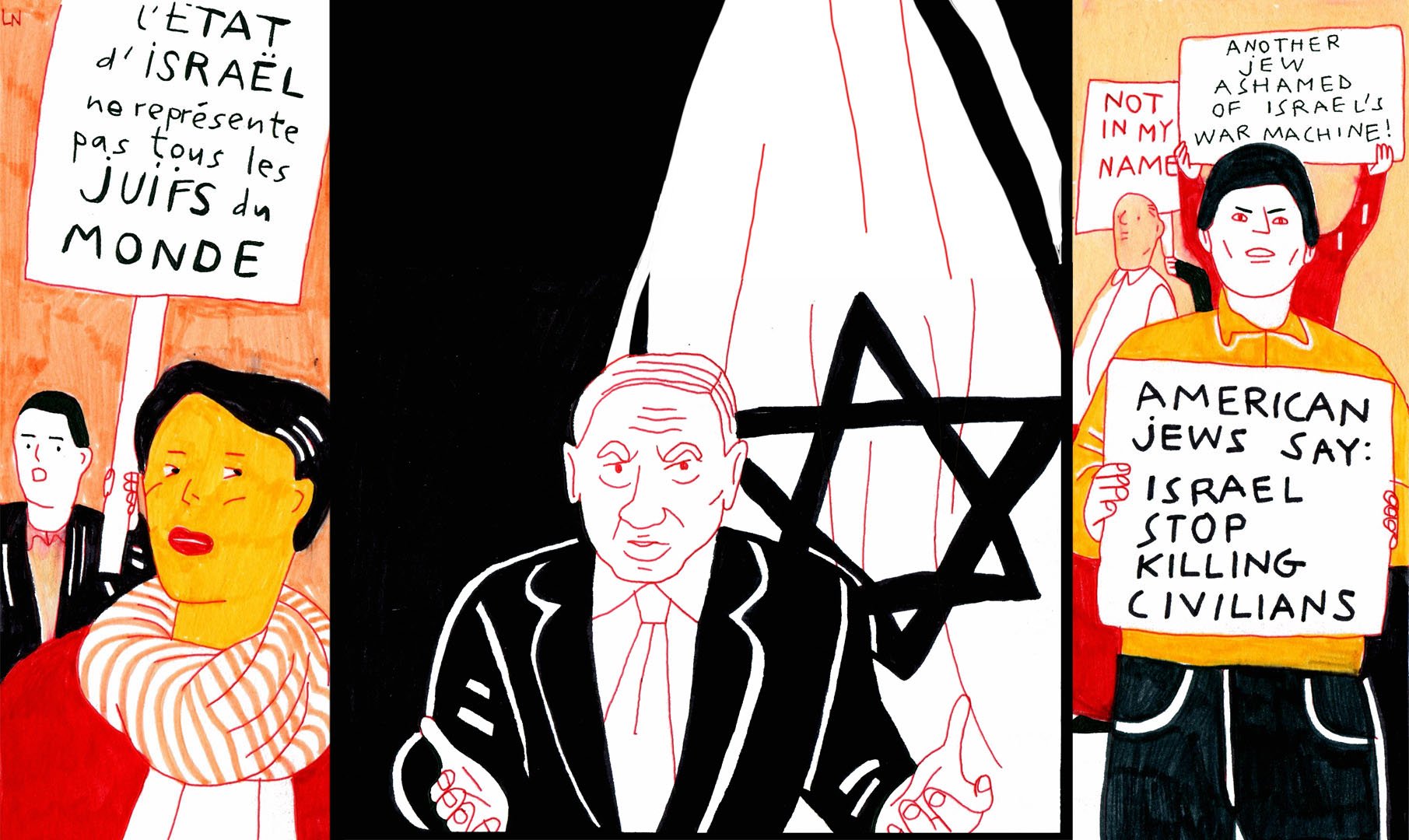 L'image représente une scène avec des manifestants tenant des pancartes. À gauche, une femme porte un panneau qui dit que l'État d'Israël ne représente pas tous les Juifs du monde. Au centre, un homme, probablement une figure publique, s'adresse à la foule. À droite, une autre manifestante tient une pancarte demandant aux autorités israéliennes d'arrêter de tuer des civils, exprimant une opposition vis-à-vis des actions de l'État d'Israël. Les personnages sont illustrés de manière stylisée avec des couleurs vives.