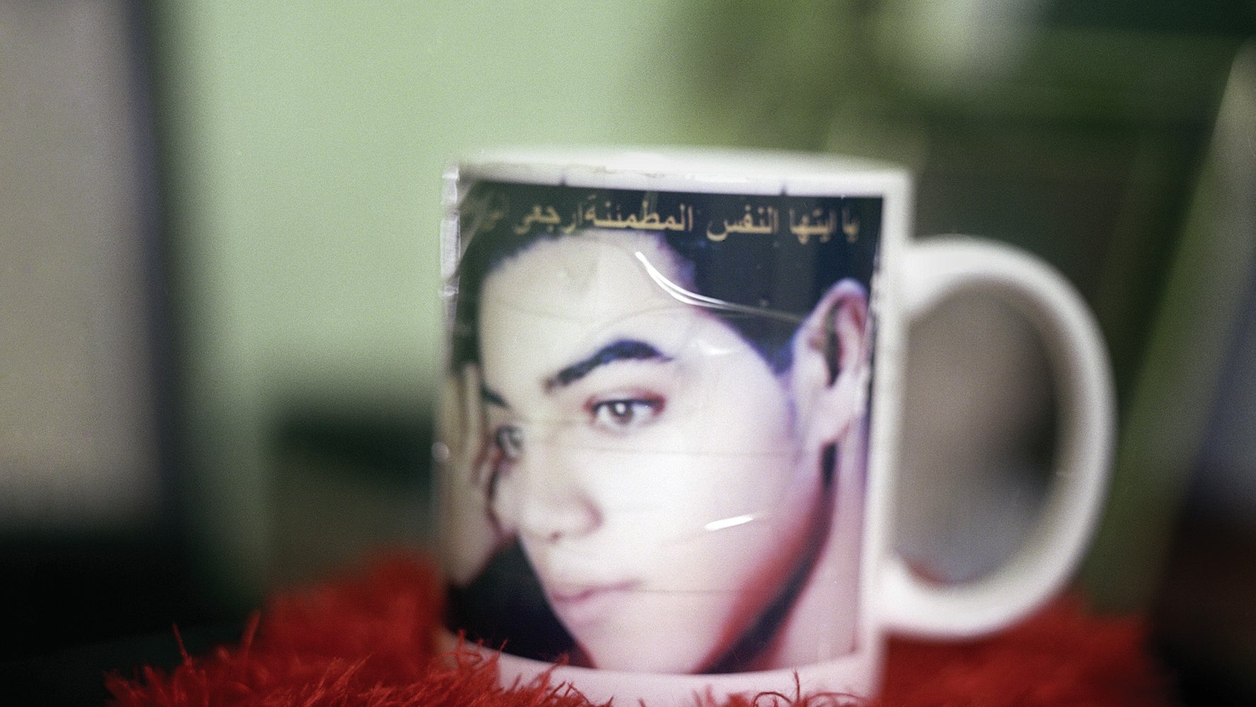 L'image présente une tasse avec une image d'une personne portant un regard triste ou pensif. Le fond de la tasse est légèrement flou, mais on distingue bien le visage. La tasse est placée sur un support de couleur rouge, ajoutant une touche de chaleur à la composition. En bas de l'image, le texte indique "Égypte Les martyrs de la révolution" ainsi que le nom de l'auteur, Denis Dailleux, et des précisions sur la préface et les textes. L'ensemble évoque un hommage ou une réflexion sur les événements révolutionnaires en Égypte.