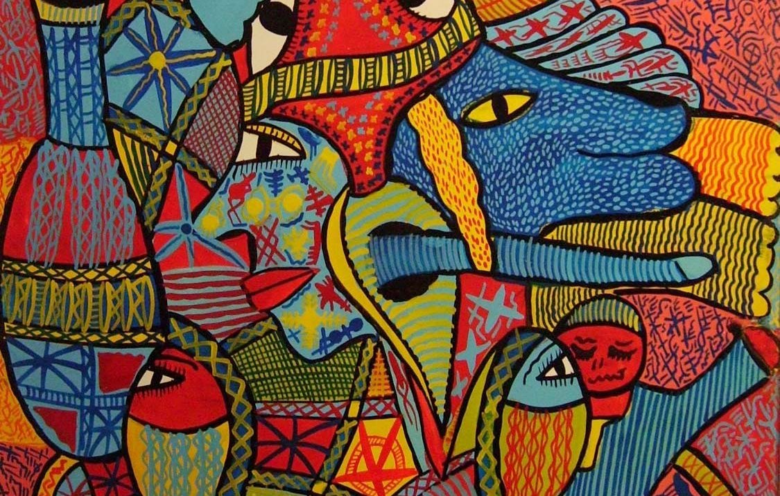 L'image présente une composition colorée et abstraite, remplie de formes géométriques et de motifs complexes. On y voit des figures humaines, des animaux et des éléments naturels stylisés. Les couleurs vives comme le rouge, le bleu, le jaune et le noir s'entremêlent, créant un effet dynamique et vivant. Les traits sont expressifs, et l'ensemble évoque une atmosphère joyeuse et imaginative. Cette œuvre semble jouer avec la perception et invite à une interprétation personnelle.