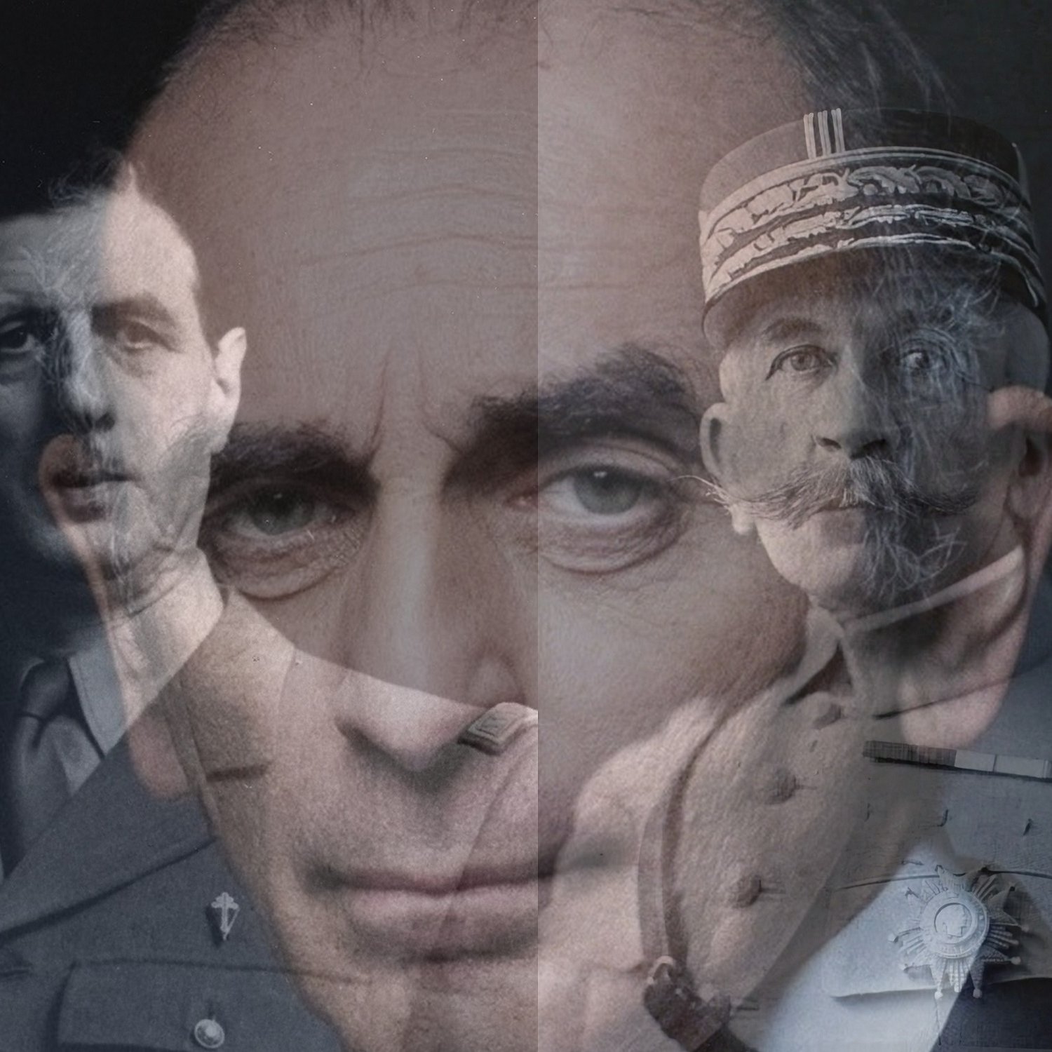 L'image présente un collage de visages, combinant des portraits d'hommes en uniformes militaires. Les visages semblent superposés, ce qui crée un effet artistique et mystérieux. L'arrière-plan est sombre, mettant en avant les expressions sérieuses des sujets, tandis que des éléments de décor militaires et des médailles sont légèrement visibles, ajoutant à l'atmosphère d'autorité et d'histoire.