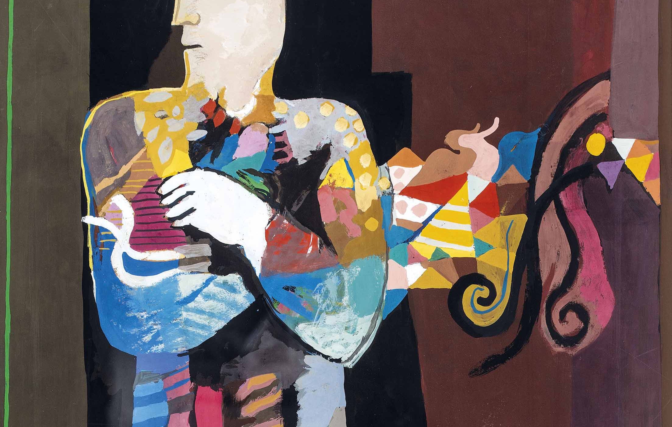 Cette image représente une figure humaine stylisée, peinte avec des couleurs vives et des motifs abstraits. La silhouette centrale est d'une teinte pâle, mettant en avant des éléments colorés dans les bras et le corps, suggérant un mouvement ou un geste. À l'arrière-plan, des formes géométriques et des couleurs contrastées ajoutent de la dynamisme à la composition. L'ensemble créent une atmosphère à la fois expressive et mystérieuse.