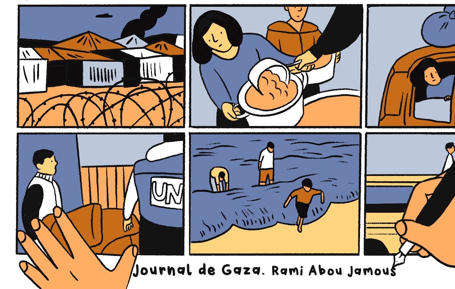 L'image est un collage de plusieurs scènes illustrant des moments de la vie à Gaza. Elle montre des éléments comme des camps de réfugiés, des personnes qui partagent de la nourriture, des interactions avec des membres des Nations Unies, des enfants jouant sur la plage, et un individu écrivant ou observant. Le style est graphique et coloré, mettant en avant les défis et la résilience des habitants de Gaza. Le titre "Journal de Gaza" par Rami Abou Jamous suggère une narration personnelle des expériences vécues dans cette région.