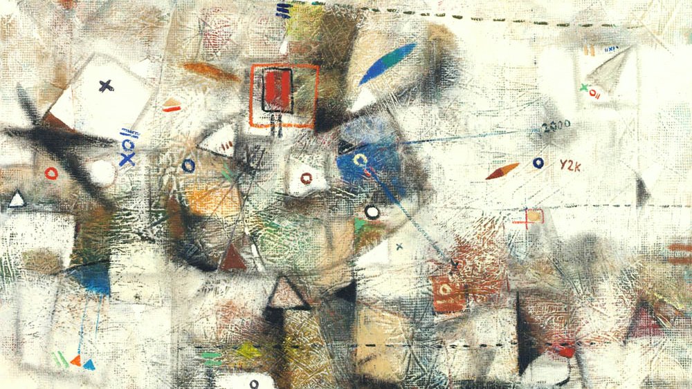 Cette image est une œuvre abstraite composée de différentes formes géométriques et de couleurs variées. On y trouve des triangles, des cercles et des carrés disposés de manière dynamique sur un fond clair. Des lignes et des motifs semblent interagir, créant une sensation de mouvement et de complexité. L'ensemble évoque une atmosphère moderne et artistique, où les éléments se mélangent de façon à susciter l'interprétation et l'imagination.