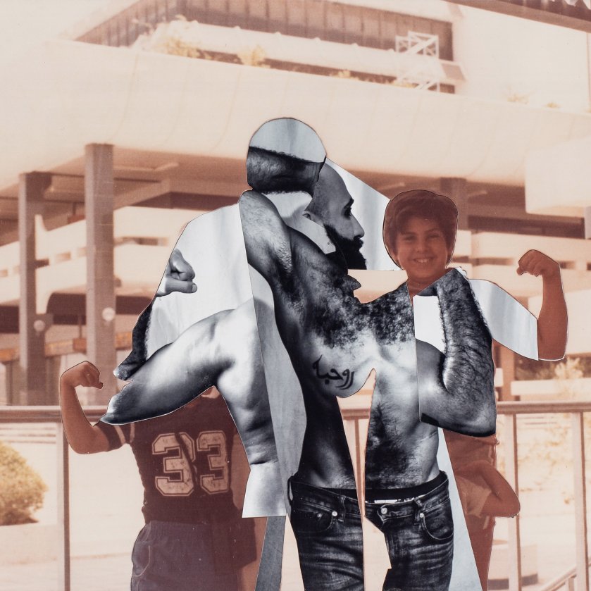 The image features a layered composition where a photograph of an adult man is superimposed over a scene with two children. The man is depicted flexing his muscles, highlighting a strong, defined physique. The background shows a modern building, hinting at an urban setting. The children, positioned behind the man, also appear to be posing, mimicking a strong stance. The overall tone of the image combines elements of strength and playfulness, merging different subjects to create a unique artistic representation.