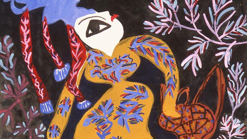 L'image présente une femme stylisée, vêtue d'une robe ornée de motifs floraux colorés. Elle se tient debout, avec un panier dans une main et les cheveux longs et ondulés, dont une partie semble flotter légèrement dans l'air. Le fond est dominé par des éléments végétaux, ajoutant à l'ambiance naturelle de la composition. Les couleurs vibrantes, telles que le jaune, le bleu et le rouge, donnent une impression de dynamisme et de mouvement. L'ensemble de l'œuvre dégage une atmosphère à la fois expressive et poétique.