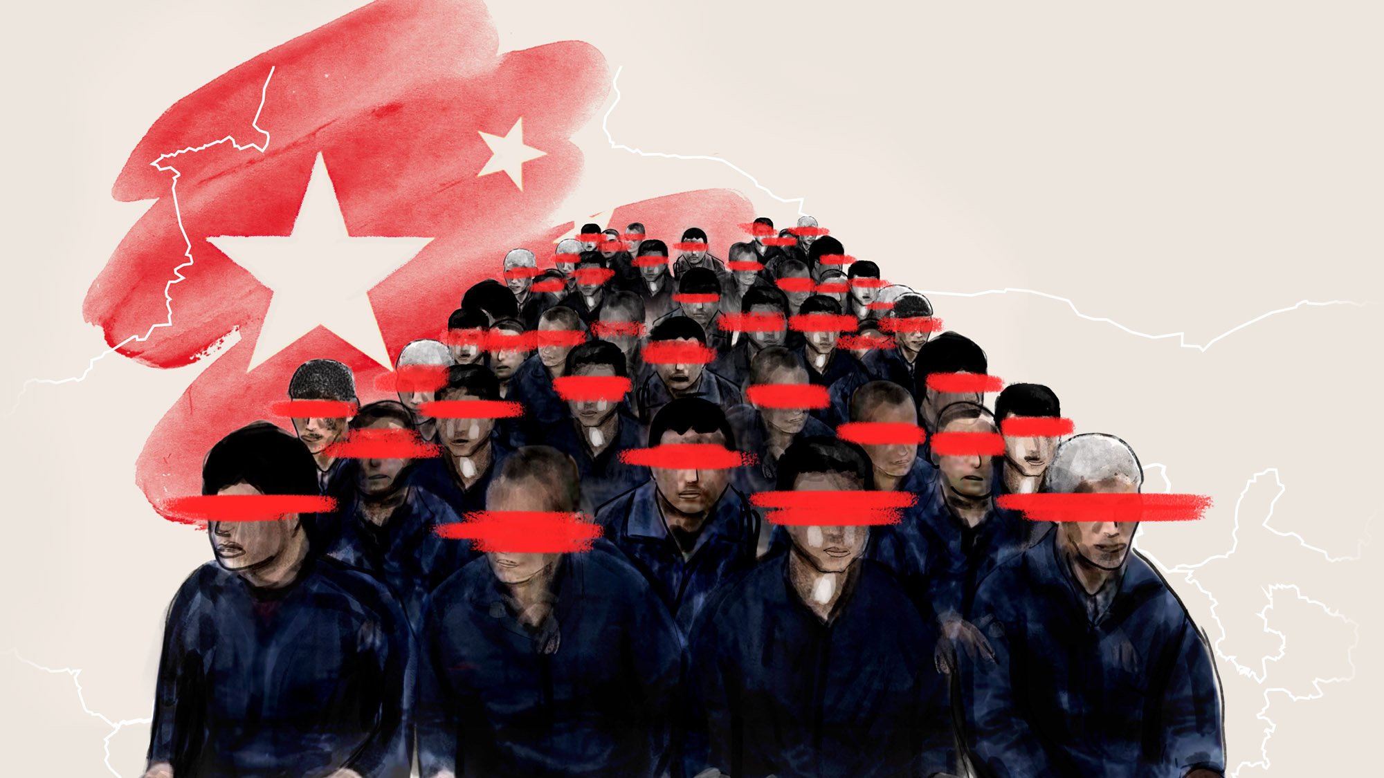 تظهر الصورة مجموعة من الأشخاص يجلسون في صفوف، مع تغطية عيونهم بخطوط حمراء. الخلفية تحتوي على علم الصين وخرائط بشكل فني، مما يوحي بموضوع يتعلق بحقوق الإنسان أو قضايا اجتماعية في الصين. تعكس الصورة شعورًا بالاحتجاز أو القمع، حيث يفتقر الأفراد إلى هويتهم وحرية التعبير.