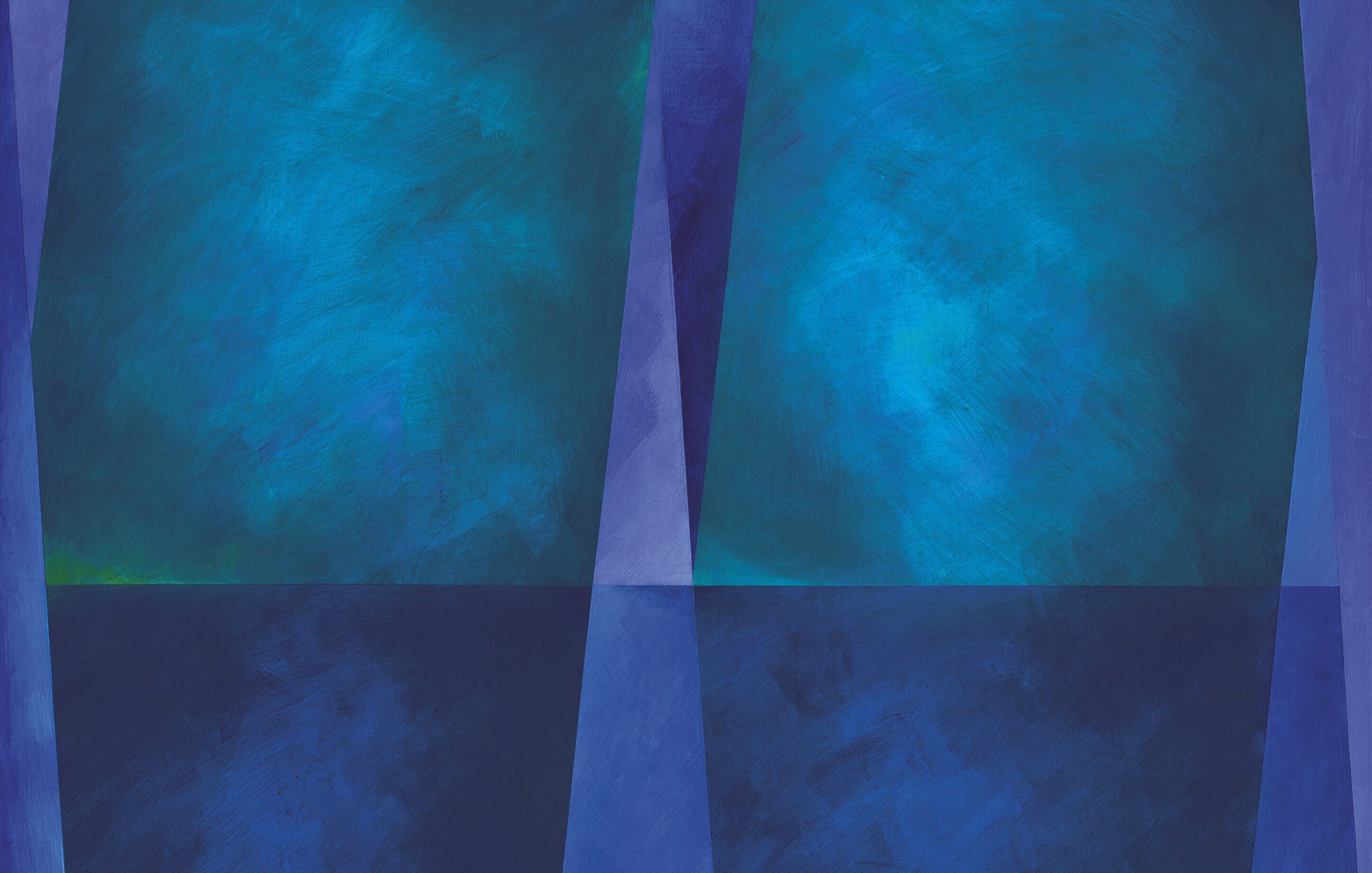 L'image présente une composition abstraite avec des nuances de bleu. Les formes sont géométriques, avec des sections rectangulaires qui se chevauchent. Les couleurs vont d'un bleu turquoise plus lumineux en haut à un bleu marine plus sombre en bas. La texture semble douce et peinte, créant un effet de profondeur et de dimension. L'ensemble donne une impression de calme et de sérénité.