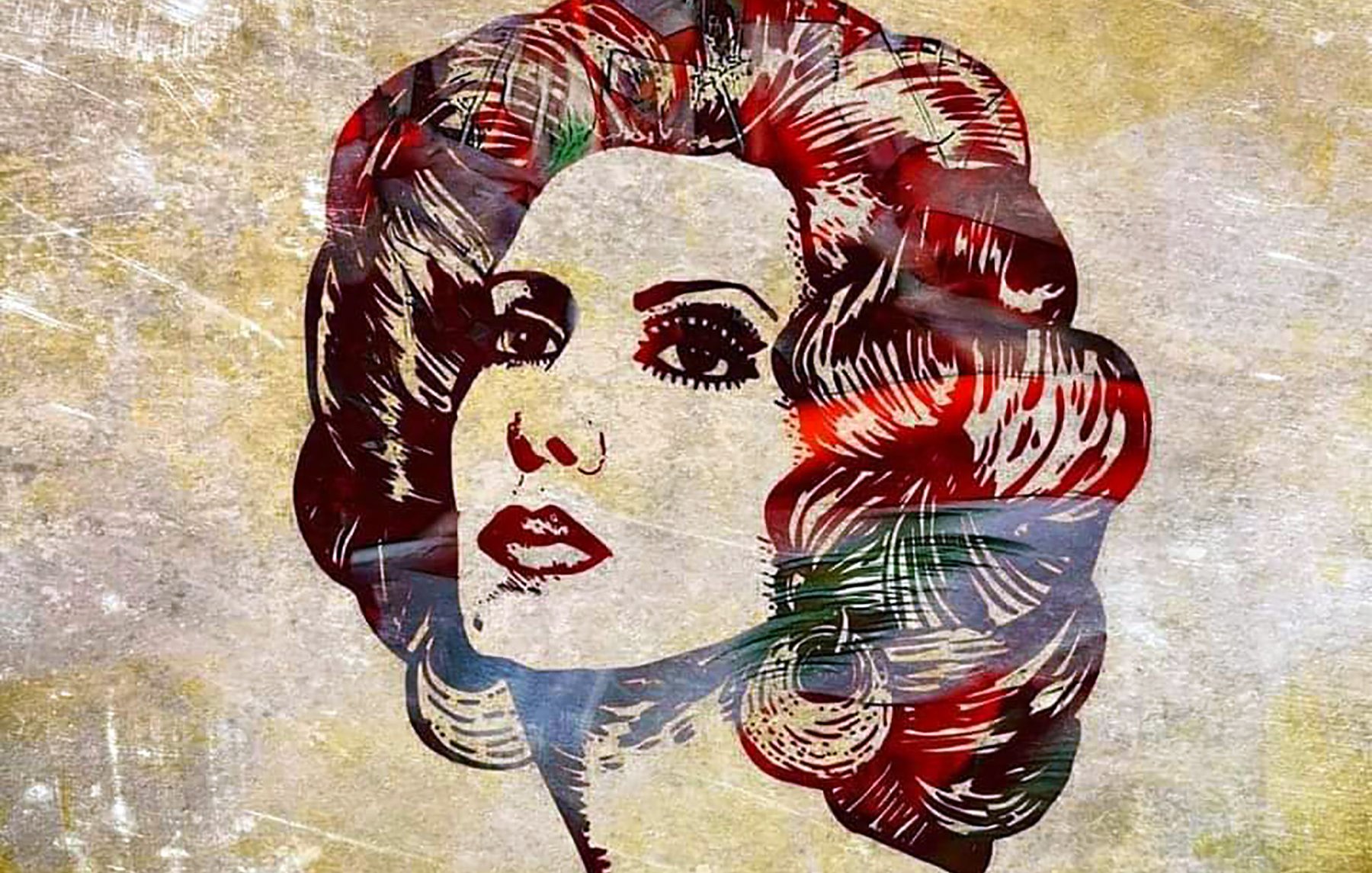 L'image représente une illustration stylisée d'une femme avec des cheveux volumineux et bouclés. Son visage est dessiné de manière artistique, avec des traits marqués et une expression intense. Le fond est texturé et présente des nuances de couleurs dorées et grises, ce qui met en valeur le portrait. L'ensemble donne une impression de glamour et de sophistication.