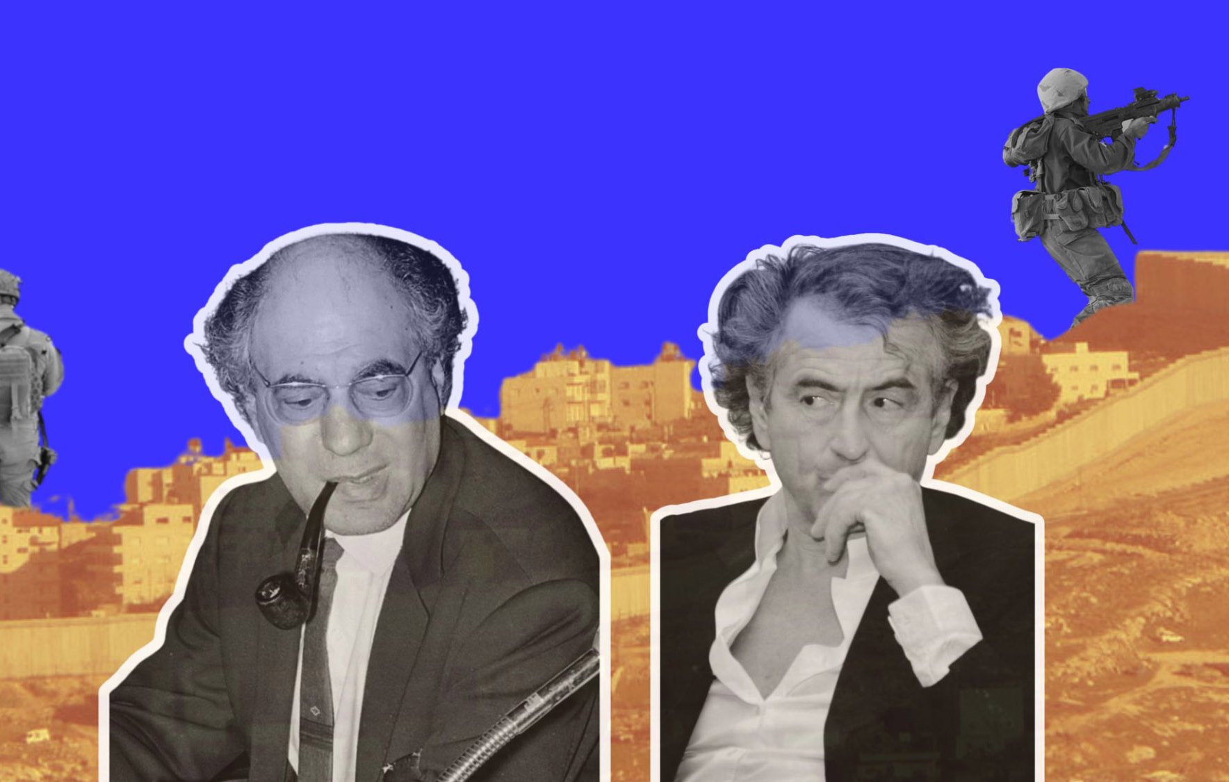 L'image semble représenter deux figures bien distinctes, probablement des personnes influentes ou des intellectuels, en utilisant un style de collage. En arrière-plan, on peut voir une ville, peut-être une illustration évoquant un contexte politique ou historique. L'un des personnages tient une pipe et porte des lunettes, tandis que l'autre semble pensif, avec les mains au menton. Des éléments comme un soldat et un mur suggèrent une atmosphère de tension ou de conflit. Les couleurs vives du fond ajoutent un contraste frappant à la composition.