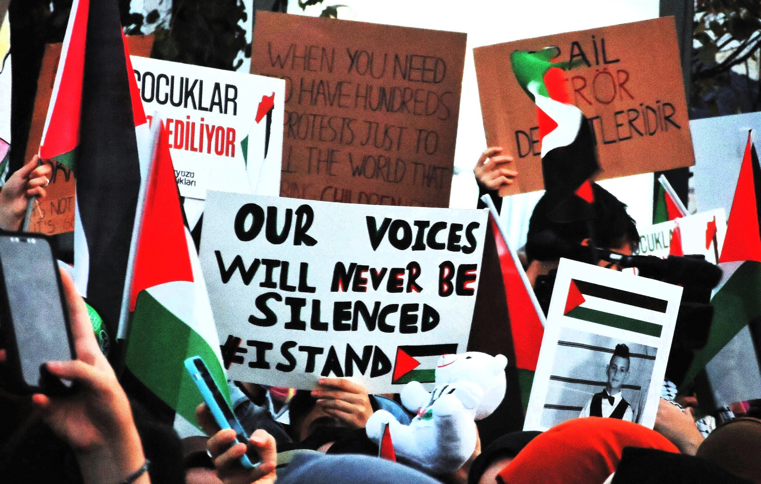 L'immagine mostra una folla di persone impegnate in una manifestazione. La maggior parte dei manifestanti tiene in mano cartelli con diverse scritte e bandiere, molte delle quali sembrano rappresentare il Palestinese. Tra i cartelli, uno evidenzia il messaggio "Our voices will never be silenced," che esprime determinazione e unità. Atmosfera di protesta e attivismo è palpabile, con la presenza di simboli politici e sociali.
