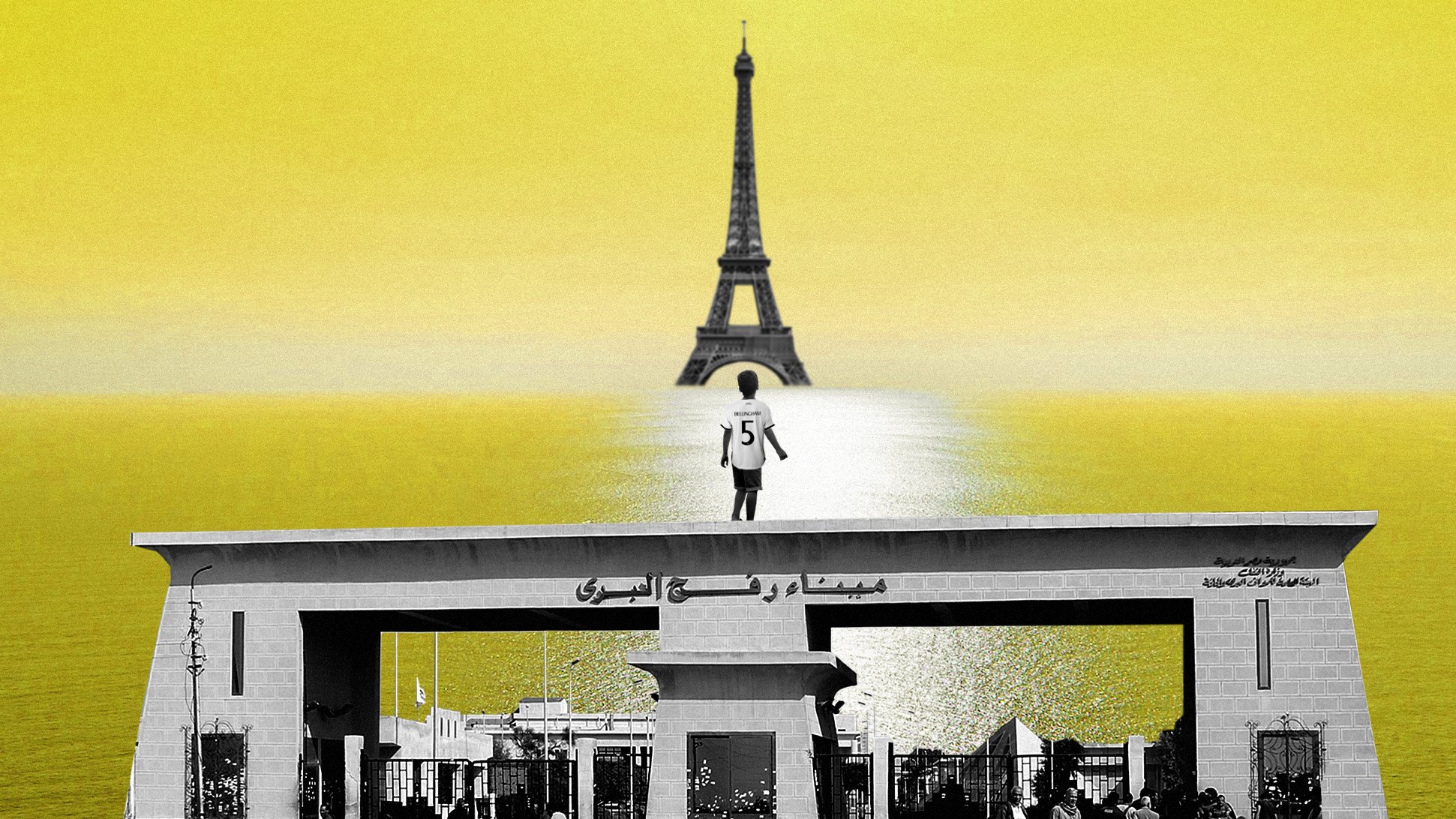 L'image présente un paysage surréaliste avec une silhouette centrale d'un individu se tenant sur un quai ou une plateforme décorée. En arrière-plan, on distingue la célèbre Tour Eiffel, qui semble flotter au-dessus d'une étendue d'eau, le tout sur un fond jaune éclatant. La composition crée un contraste entre les éléments architecturaux et le ciel, évoquant une atmosphère de rêve ou d'imaginaire. Les détails spécifiques autour de la silhouette ajoutent à la profondeur de l'image, tout en attirant l'attention sur le personnage au premier plan.