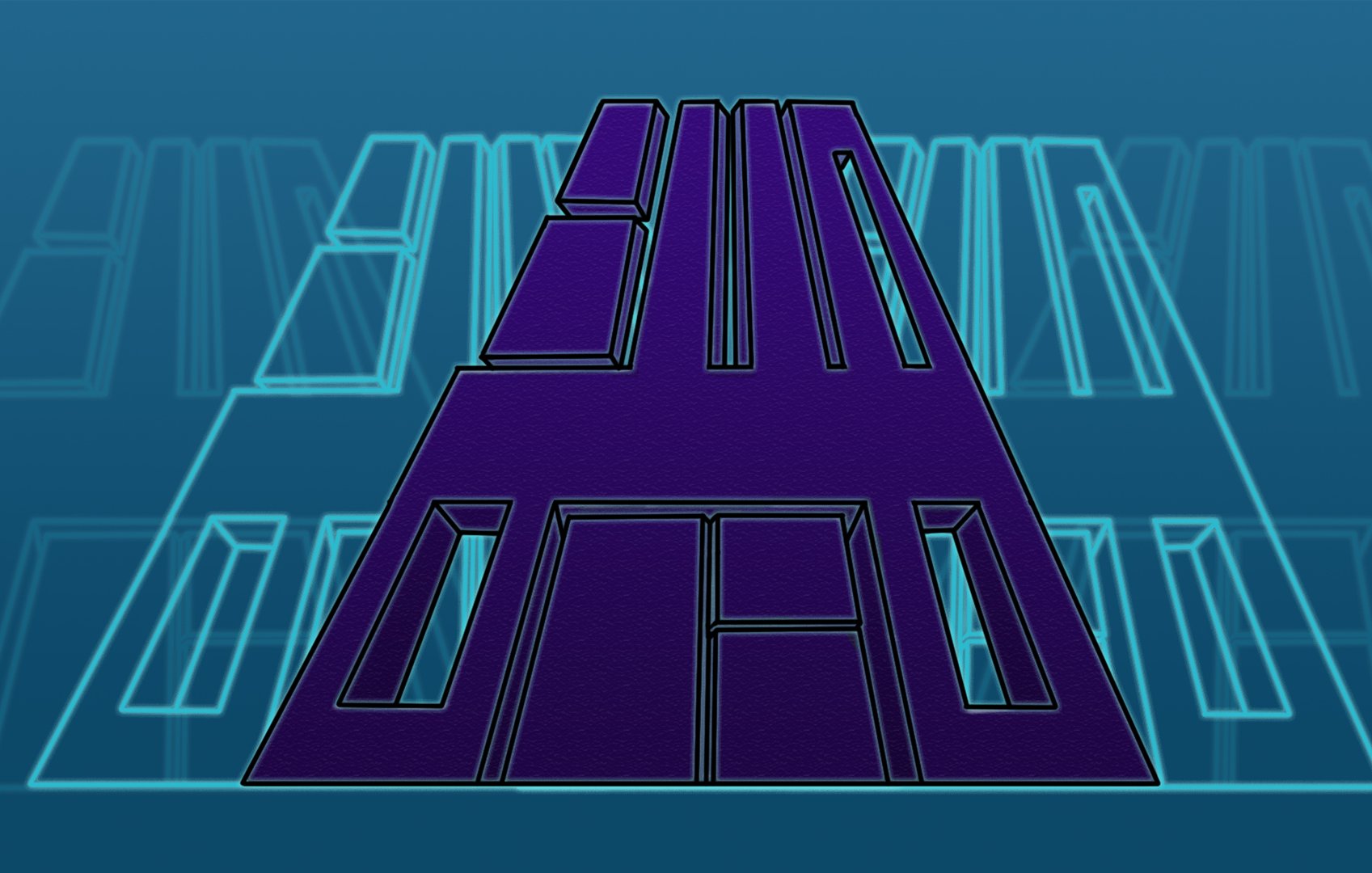 L'image représente une forme géométrique en violet, probablement un logo ou un symbole stylisé, disposé en pyramide. Le fond est d'une teinte bleue, et des lignes ou motifs en arrière-plan ajoutent une dimension graphique. L'ensemble donne une impression futuriste, avec un design épuré et moderne.