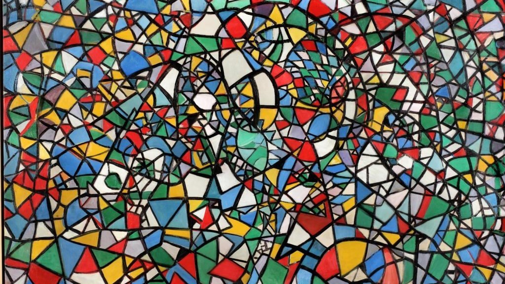 L'image que vous avez partagée présente une composition abstraite riche en couleurs. On peut y voir une multitude de formes géométriques variées, telles que des triangles, des cercles et des rectangles, réparties dans un style de mosaïque. Les couleurs dominantes incluent le rouge, le bleu, le vert, et le jaune, créant un contraste dynamique. Les contours noirs délimitent les formes, ajoutant de la structure à l'ensemble et donnant une impression d'énergie et de mouvement. C'est une œuvre qui invite à l'interprétation et à l'exploration visuelle.