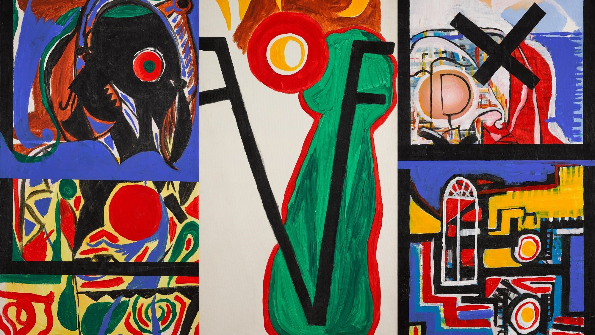 L'image semble être une œuvre abstraite qui mélange des formes et des couleurs vives. On peut y voir des motifs géométriques et organiques, ainsi que des cercles rouges qui attirent l'attention. Les différentes sections de l'œuvre sont composées de couleurs variées, y compris des bleus, des rouges, des noirs et des verts. L'ensemble donne une impression dynamique et énergique, avec une utilisation audacieuse des contrastes et des lignes, créant un dialogue visuel intéressant.