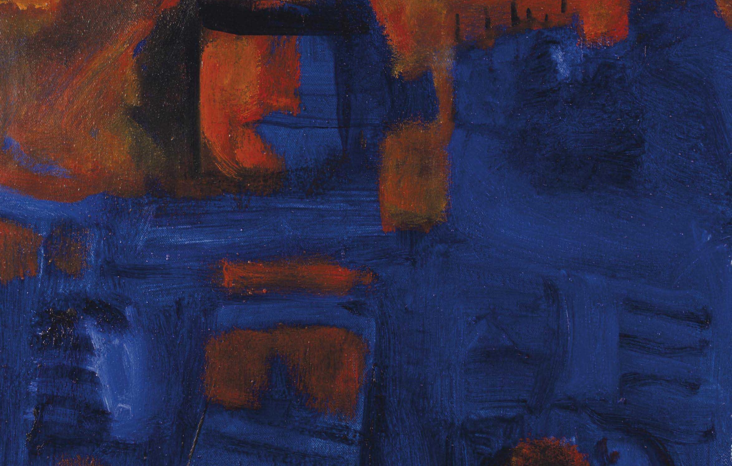 L'image présente une scène abstraite dominée par des teintes de bleu profond et d'orange chaud. Les formes sont floues et semblent évoquer un paysage nocturne avec des éléments qui pourraient représenter des collines ou des structures. On aperçoit une lumière douce à l'arrière-plan, suggérant une lune ou une source de lumière, qui crée un contraste avec le ciel sombre. L'ensemble de l'œuvre transmet une ambiance mystérieuse et contemplative.