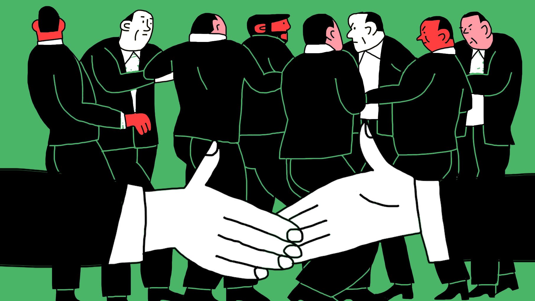 L'image montre un groupe d'hommes en costume, se tenant ensemble sur un fond vert. Au premier plan, deux grandes mains en blanc se rencontrent dans une poignée de main, symbolisant un accord ou une collaboration. Les hommes en arrière-plan semblent engagés dans une conversation ou une interaction, ajoutant une dynamique sociale à la scène. L'ensemble de l'image évoque des thèmes de négociation et de relations professionnelles.