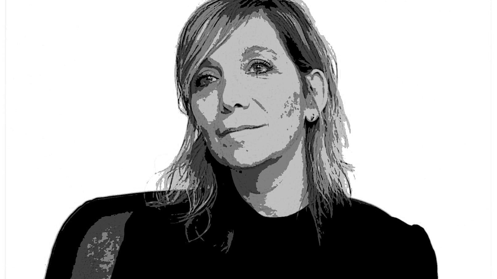 The image depicts a woman with shoulder-length, tousled hair, wearing a black top. She is seated, with her arms crossed, and has a contemplative expression on her face. The background is plain and light, which contrasts with her darker clothing. The overall style of the image has a graphic or artistic quality.