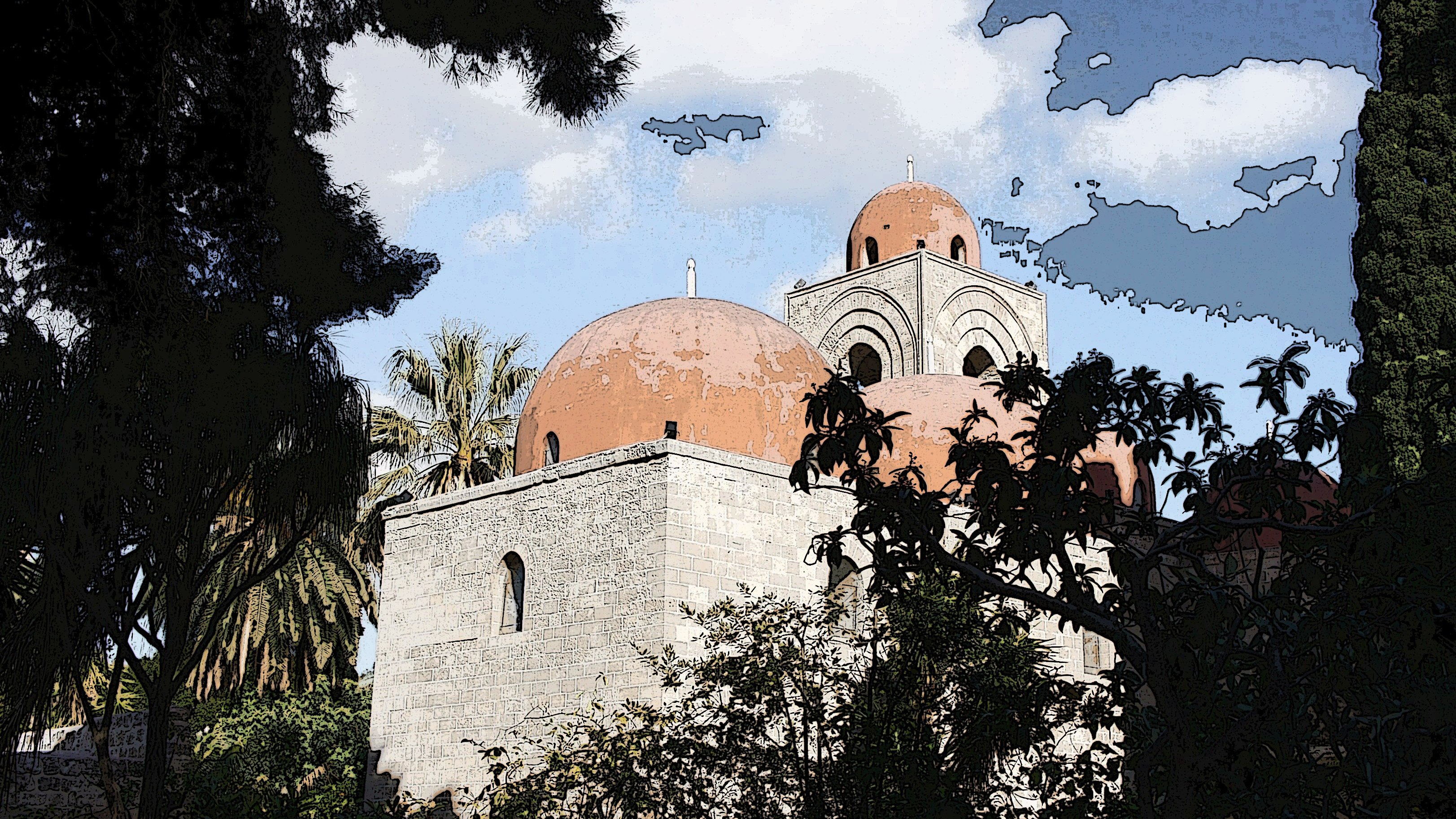 L'image montre un bâtiment architectural avec des dômes de couleur terre cuite. L'édifice est principalement en pierre grise et est entouré de verdure, avec des palmiers et d'autres plantes. Le ciel est clair avec quelques nuages, ce qui donne une atmosphère paisible et ensoleillée. Les contours des éléments sont accentués, donnant un aspect presque stylisé à l'ensemble de la scène.