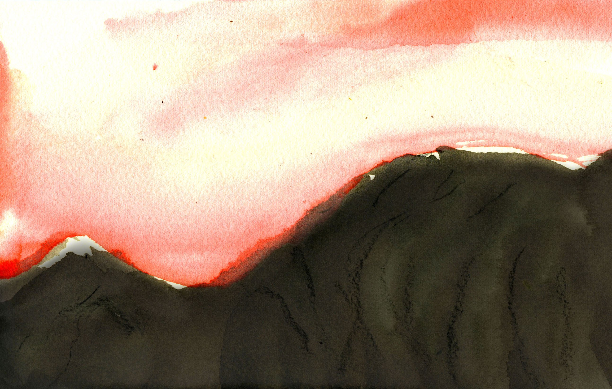 Cette image est une aquarelle représentant un paysage de montagnes au coucher du soleil. On peut voir des silhouettes sombres de montagnes, contrastant avec un ciel aux teintes de rose et d'orange. Les couleurs se fondent doucement, créant une atmosphère paisible et chaleureuse. Les détails des montagnes sont esquissés avec des coups de pinceau fluides, ajoutant une sensation de profondeur et de sérénité à la scène.