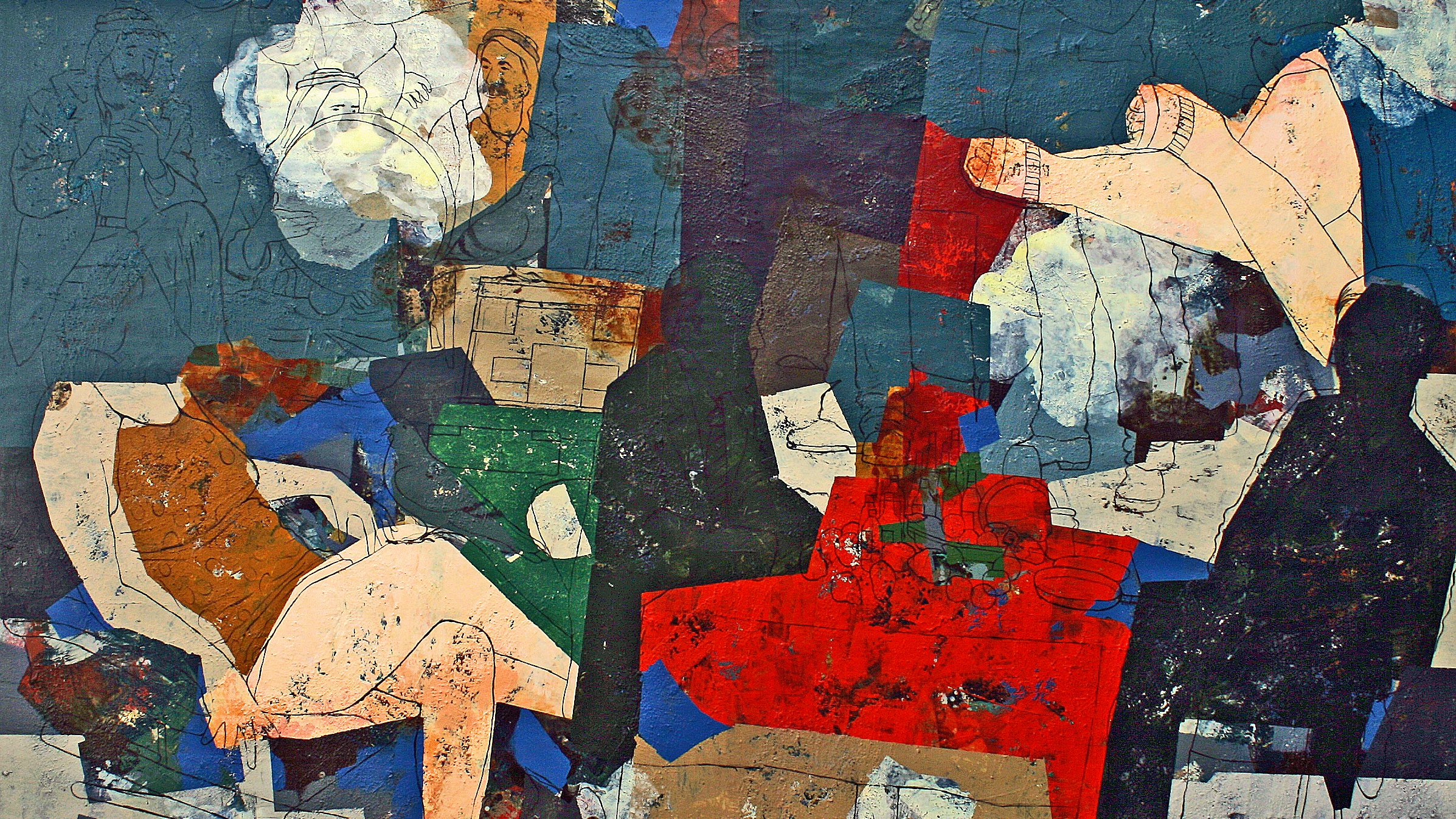 Cette image semble être une œuvre abstraite qui mélange différentes formes et couleurs. On y voit des figures humaines stylisées, partiellement dénudées, intégrées dans un collage de textures et de motifs. Les tons de bleu, vert, rouge et beige se mêlent, créant un contraste visuel fort. L'ensemble évoque une sensation de mouvement et d'interaction, tout en laissant place à l'interprétation personnelle du spectateur.