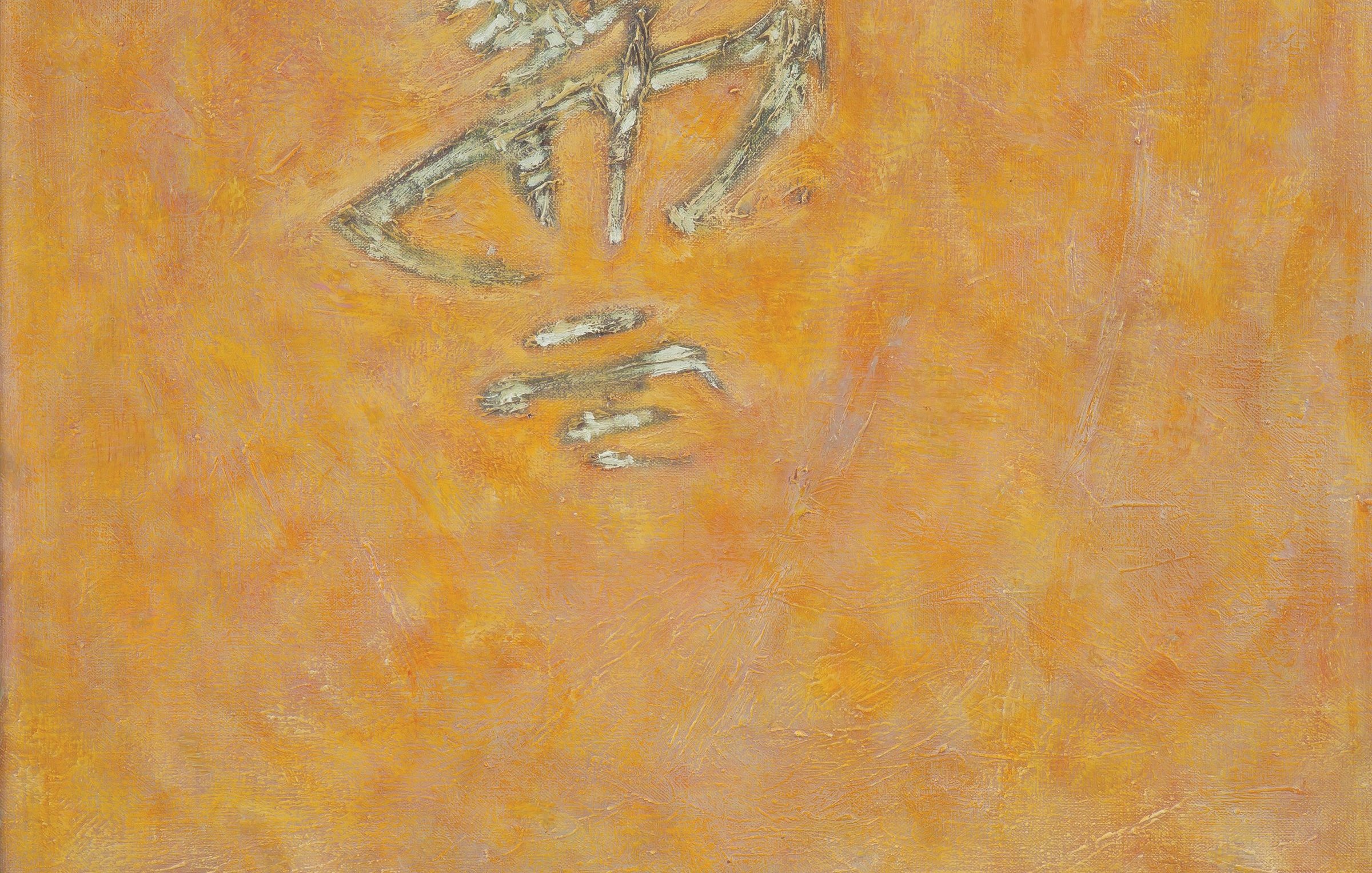 Cette image présente une œuvre abstraite dominée par des teintes chaudes d'orange. En haut, des motifs abstraits couleur crème se détachent sur le fond, tandis qu'en bas, une bande de couleur blanche présente des formes irrégulières qui semblent évoquer des structures ou des éléments naturels. L'ensemble crée une ambiance à la fois chaleureuse et dynamique, avec un contraste intéressant entre les éléments clairs et le fond vibrant.