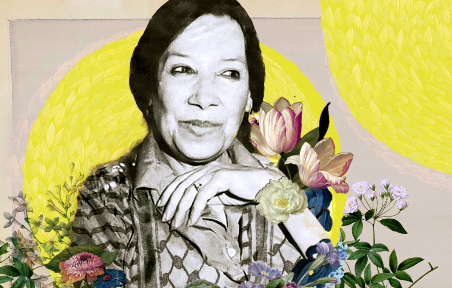 L'image représente une femme souriante, entourée de fleurs colorées. Son visage est en noir et blanc, contrastant avec les teintes vives des fleurs et les cercles jaunes en arrière-plan qui évoquent le soleil. L'ensemble crée une atmosphère joyeuse et chaleureuse, mettant en valeur la beauté de la personne et de la nature.