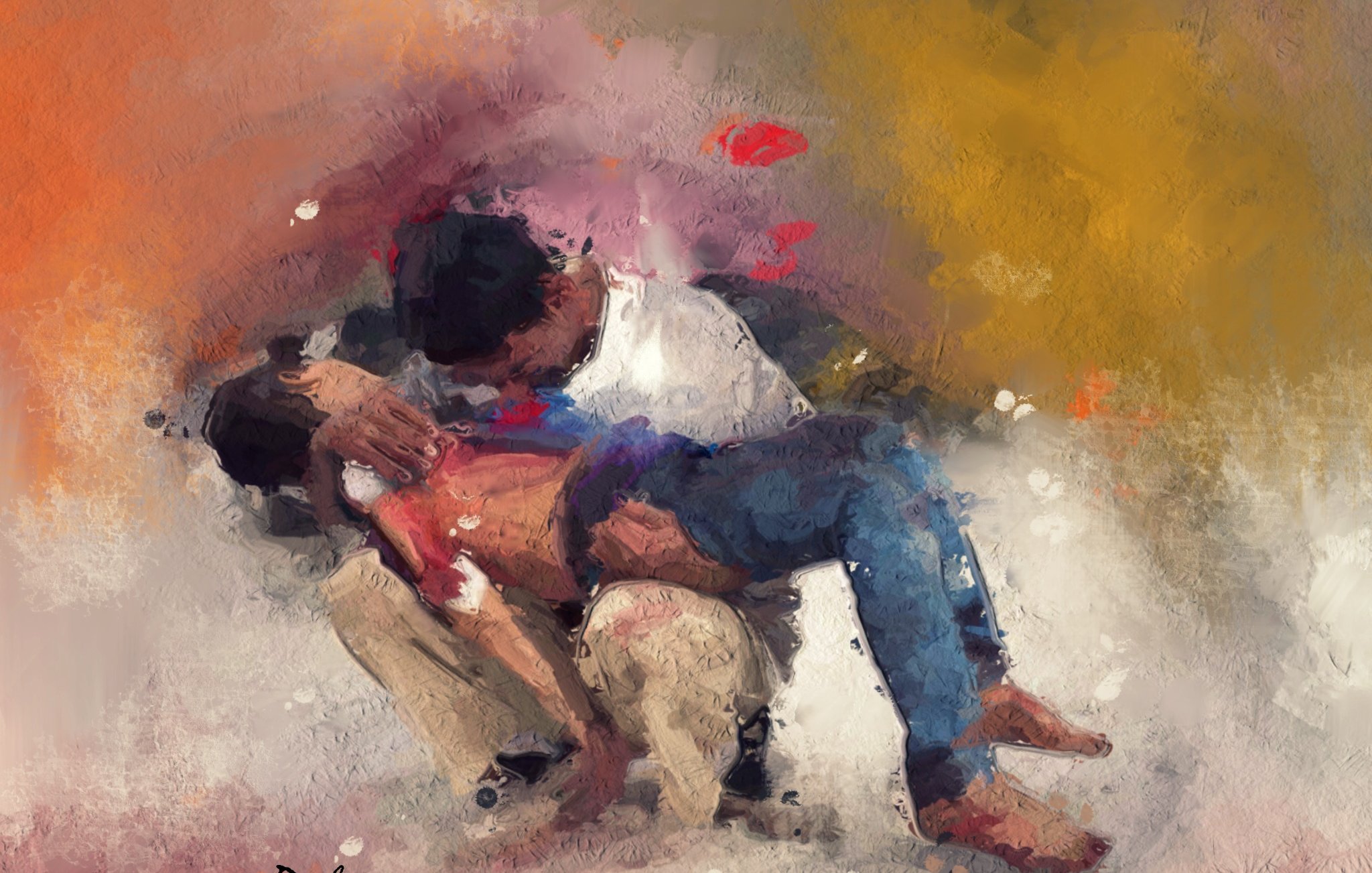 L'image représente une scène expressive et colorée, où deux personnages semblent être en interaction intime. Les coups de pinceau et les couleurs vives créent une atmosphère émotive. L'un des personnages est penché, tandis que l'autre est soutenu, ce qui suggère un moment de connexion profonde. L'arrière-plan abstrait, avec des teintes chaudes et froides, renforce l'intensité de la scène. L'œuvre évoque des sentiments de tendresse et d'émotion.