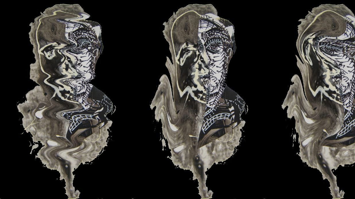 این تصویر سه نسخه از یک چهره را نشان می‌دهد که به صورت انتزاعی و با اثرات پیچیده‌ای متشکل از خطوط و شکل‌ها نمایش داده شده است. چهره‌ها به نوعی دچار تحریف شده‌اند و ویژگی‌های آن‌ها به حالت موج‌دار و نامشخص درآمده است. پس‌زمینه تصویر سیاه است و این باعث می‌شود که چهره‌ها بیشتر به چشم بیایند. کلیت اثر حس خاصی از عدم قطعیت و تغییر شکل را منتقل می‌کند.