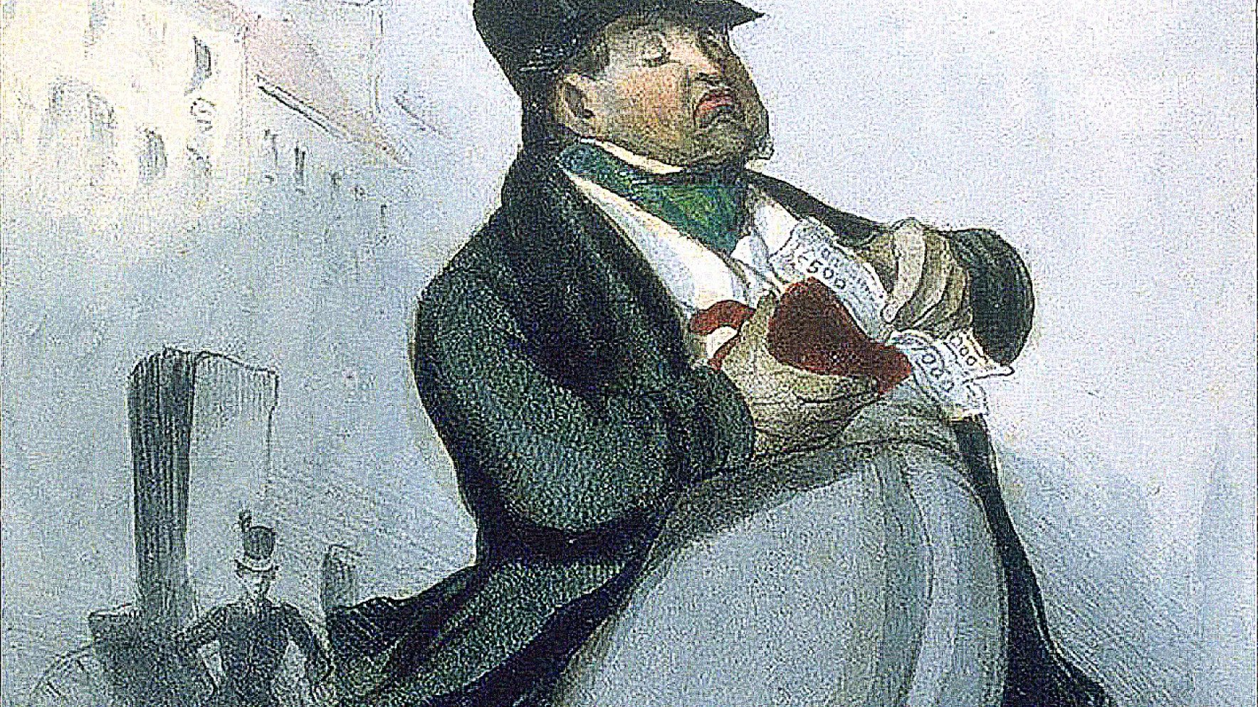 L'image représente une caricature d'un homme corpulent, habillé avec un chapeau haut de forme et un long manteau noir. Il se tient debout, avec une posture confiante, et semble porter un cœur rouge dans ses mains. Le fond suggère une ambiance urbaine, avec des silhouettes de voitures à cheval et d'autres personnages flous. La palette de couleurs est douce, avec des teintes pastel qui donnent une touche légère et humoristique à la scène. La caricature exagère les traits de l'homme, accentuant son tour de taille et sa démarche, ce qui renforce l'effet comique de l'image.