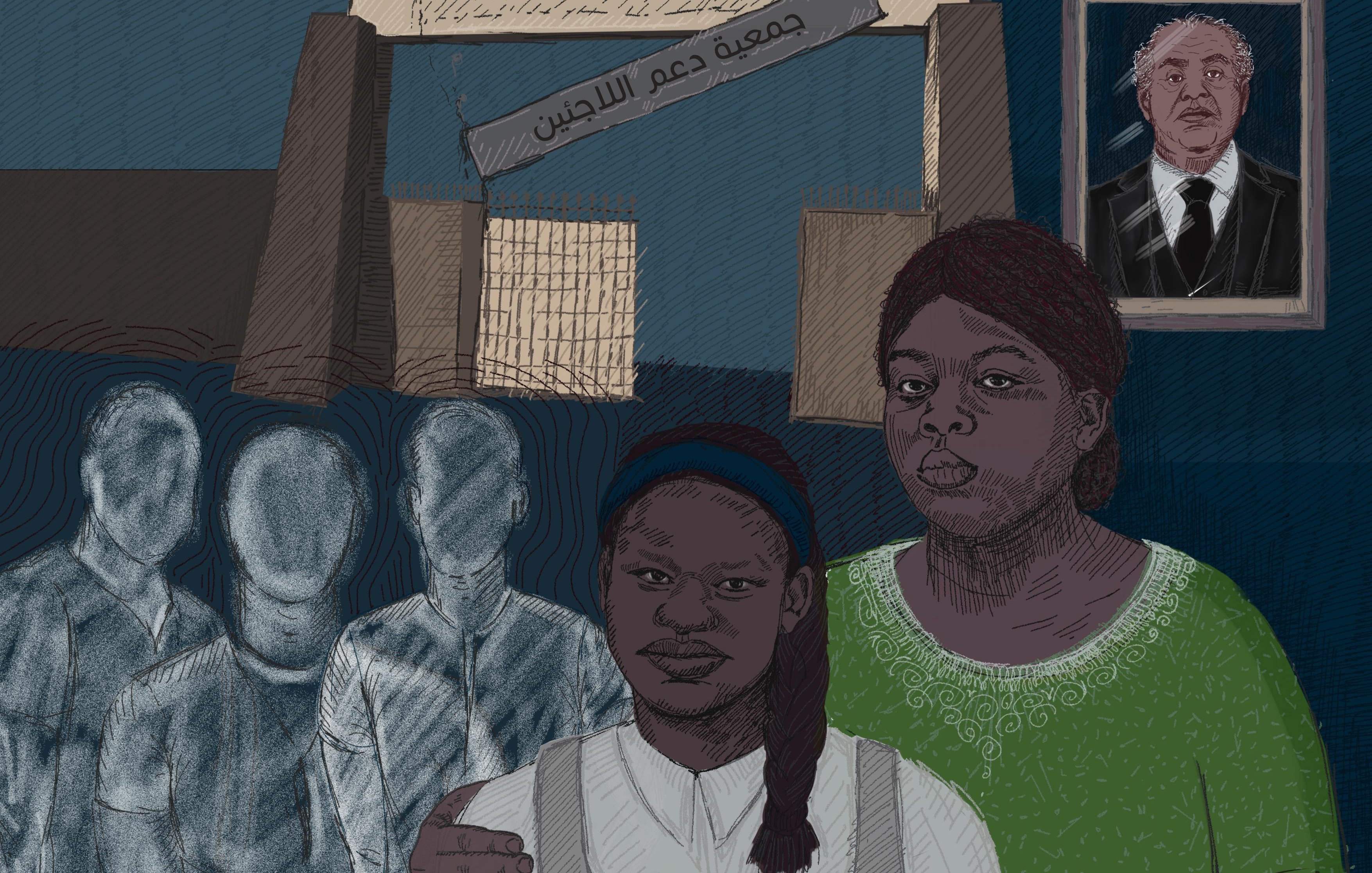 L'image montre deux femmes, l'une portant une chemise blanche et l'autre un pull vert, partageant un moment de solidarité. En arrière-plan, on voit des silhouettes floues qui semblent représenter des personnes en attente, tandis qu'une grande affiche indique "جمعية دعم اللاجئين" (Association de soutien aux réfugiés). Au-dessus, un portrait d'un homme, probablement une figure importante, est accroché au mur. Les couleurs de l'image et les expressions des femmes transmettent une atmosphère de courage et de soutien dans un contexte difficile.