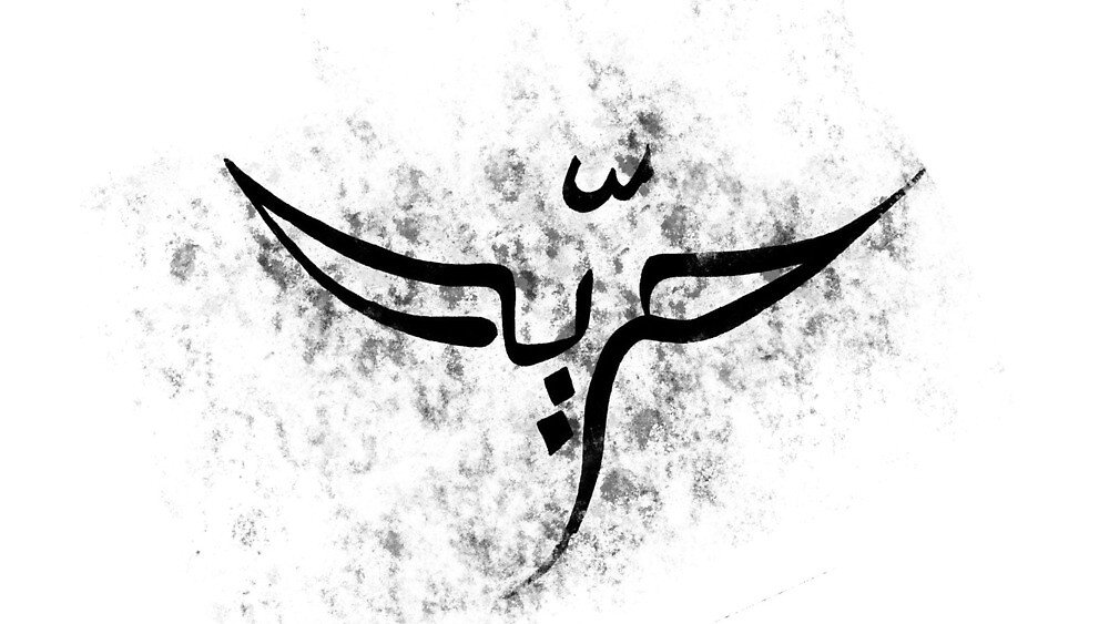 L'image représente un symbole stylisé en noir sur un fond texturé et légèrement grisé. Le symbole semble évoquer des ailes ou un mouvement ascendant, ce qui peut suggérer des thèmes de liberté ou d'élévation. Les lignes sont fluides et artistiques, créant une impression dynamique. Ce genre de design peut être interprété de différentes manières selon le contexte culturel.