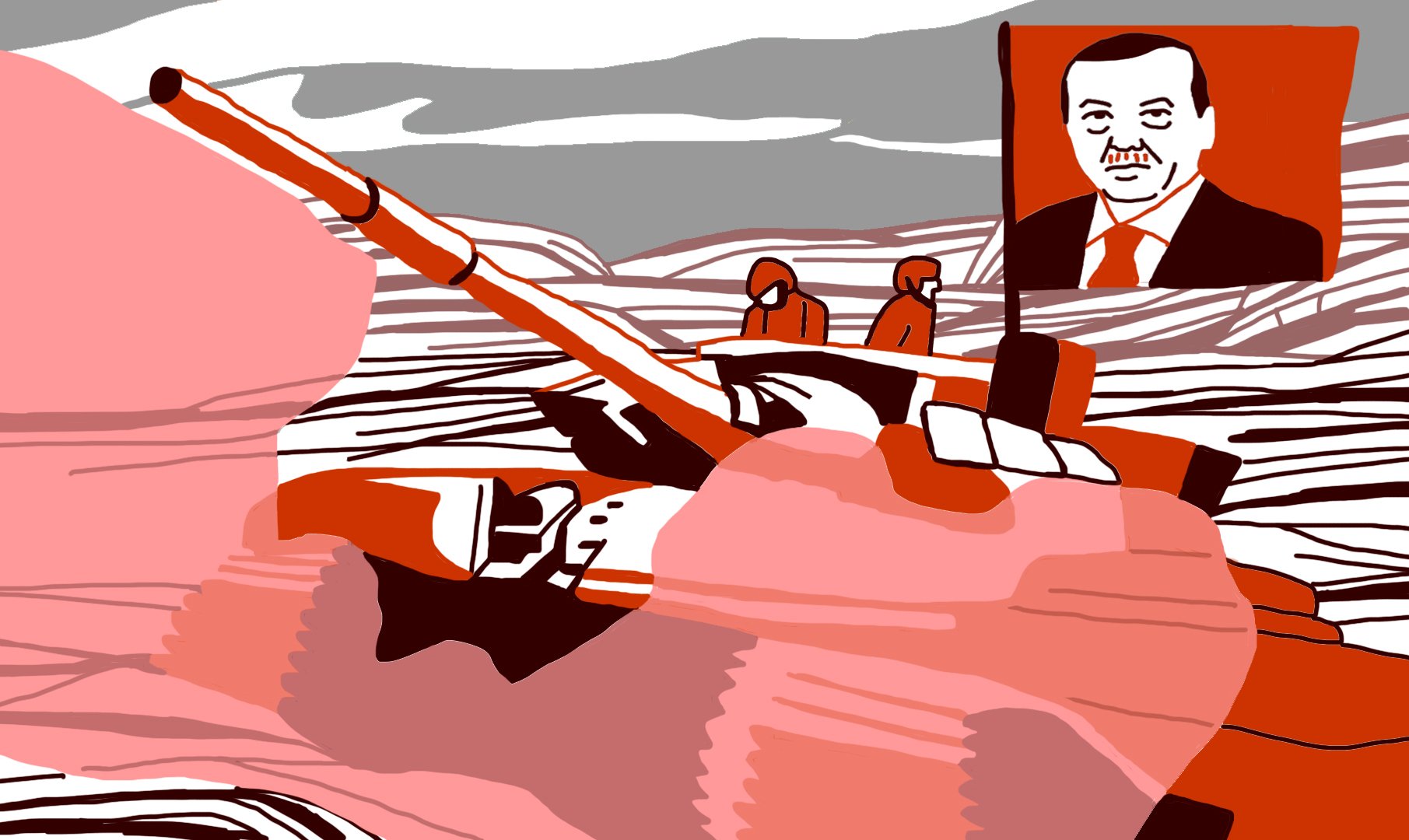 L'image représente un char de guerre stylisé, avec des teintes rouges et grises dominantes. Au-dessus du char, on distingue un portrait d'un homme, portant un sourire, probablement un dirigeant politique. Le fond est abstrait, évoquant un paysage militaire. L'ensemble dégage une ambiance de puissance et de tension.