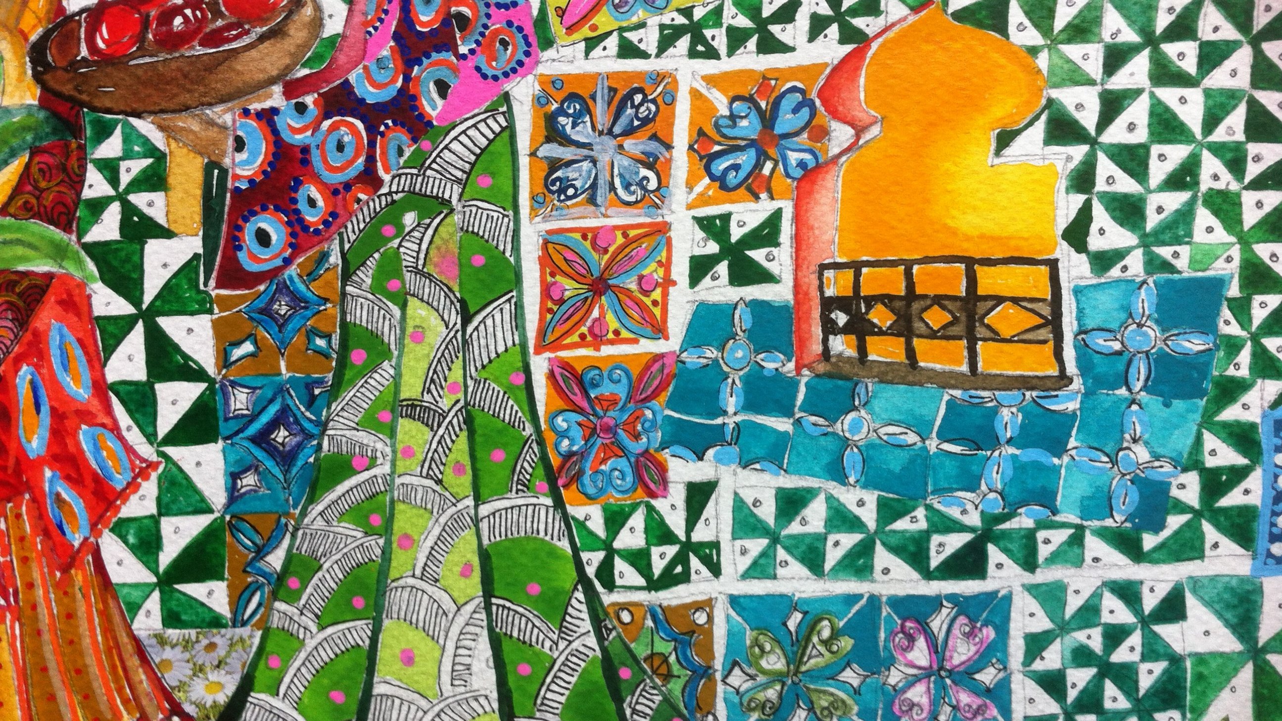 L'image montre une scène colorée avec un personnage en robe ornée, tenant un plat de fruits. Les murs environnants sont décorés de motifs géométriques et de fleurs, utilisant des teintes vibrantes comme le vert, le bleu et l'orange. Une fenêtre en forme de croisée laisse entrevoir une lumière chaude, ajoutant une touche ensoleillée à l'ensemble. L'atmosphère est à la fois festive et traditionnelle, évoquant des influences artistiques riches.