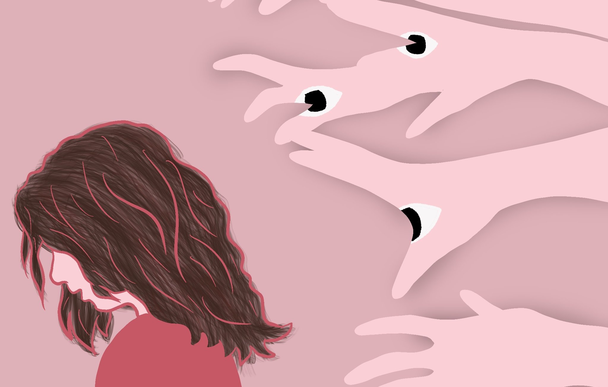 L'immagine raffigura una figura femminile con capelli scuri e lunghi, inclinata in avanti e con un'espressione di tristezza o introspezione. Sullo sfondo rosa, si ergono diverse mani stilizzate che sembrano allungarsi verso di lei, ognuna con un occhio disegnato nel palmo. Questo crea un contrasto tra la figura solitaria e le mani che sembrano simboleggiare osservazione o pressione, evocando un senso di vulnerabilità. L'uso dei colori e delle forme suggerisce una sensazione di inquietudine e introspezione.