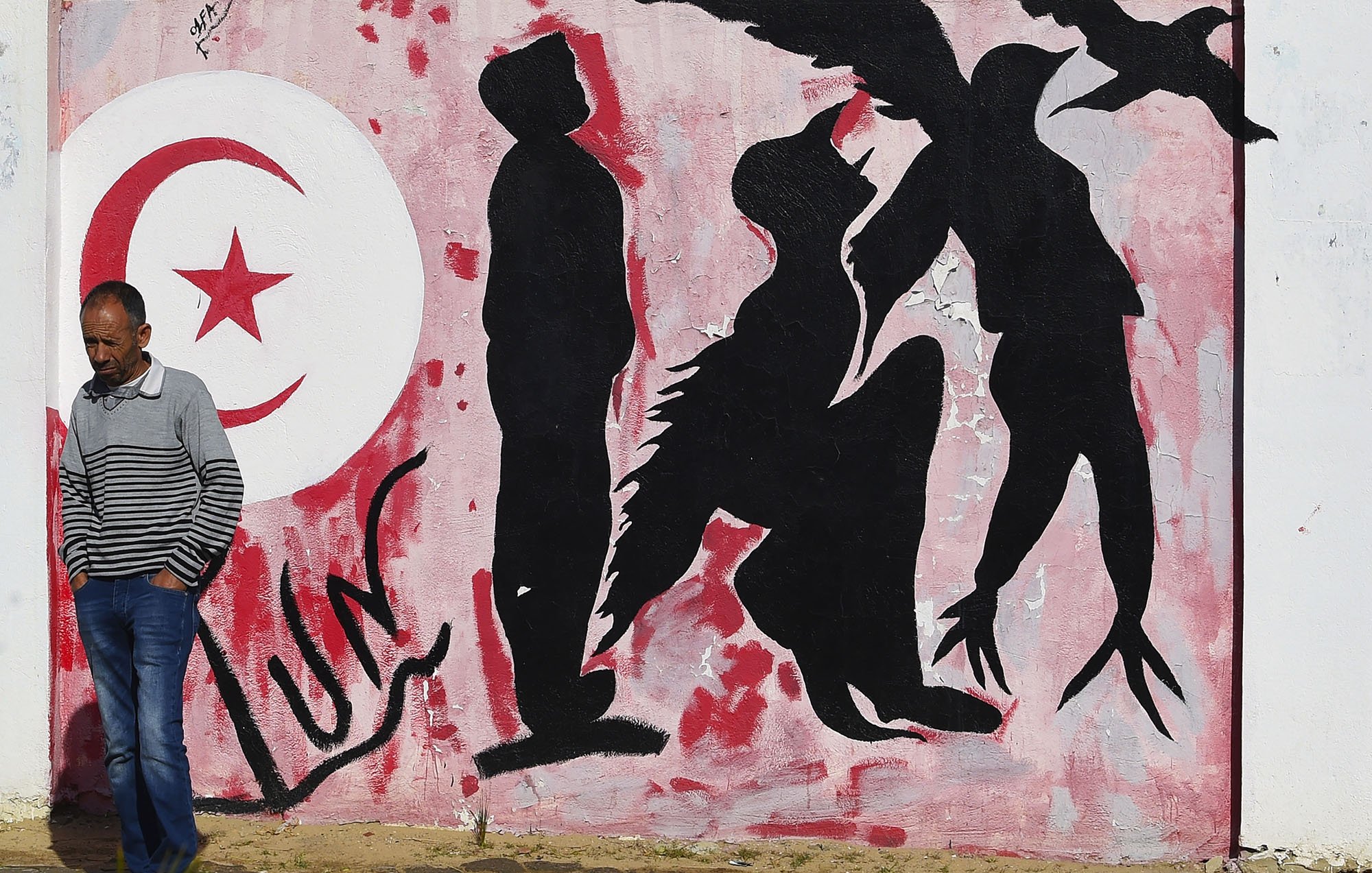 L'image montre un mur peint avec des graffitis. À gauche, on peut voir le drapeau tunisien en rouge et blanc, avec un croissant et une étoile. À côté, des silhouettes humaines sont représentées en noir sur un fond rose, certaines semblent interagir avec des éléments d'oiseaux, suggérant des thèmes de liberté ou de mouvement. Un homme en pull rayé marche le long du mur, ajoutant un aspect vivant à la scène.