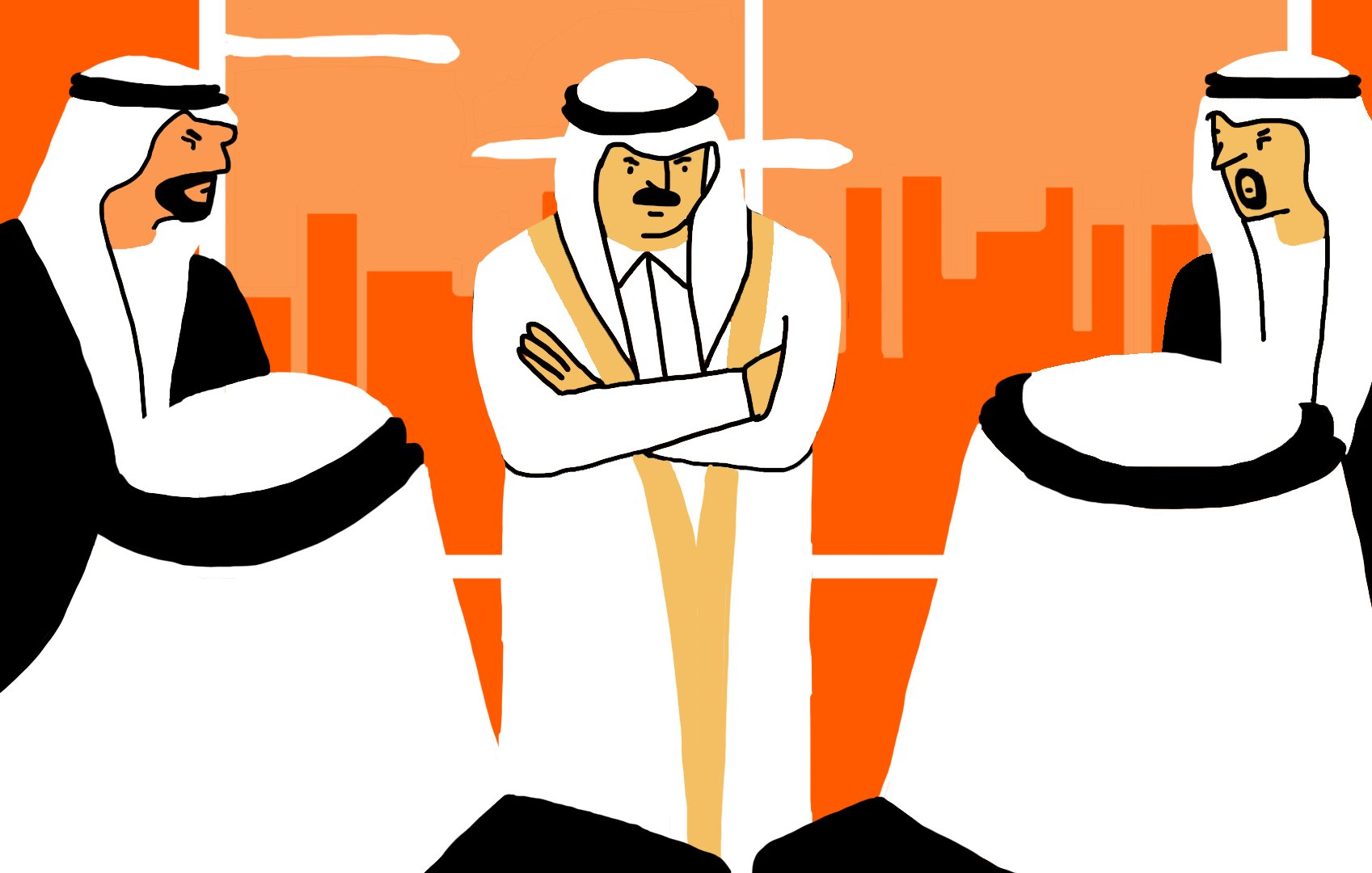 L'image montre trois hommes vêtus de costumes traditionnels du Moyen-Orient, probablement en train de discuter ou de débattre. L'homme au centre semble contrarié, les bras croisés et l'air sérieux, tandis que les deux autres hommes, de part et d'autre, affichent des expressions faciales variées. L'arrière-plan est d'une teinte orange, évoquant une ambiance dynamique ou tendue. La scène semble se dérouler dans un environnement urbain, suggérant un contexte professionnel ou de réunion.