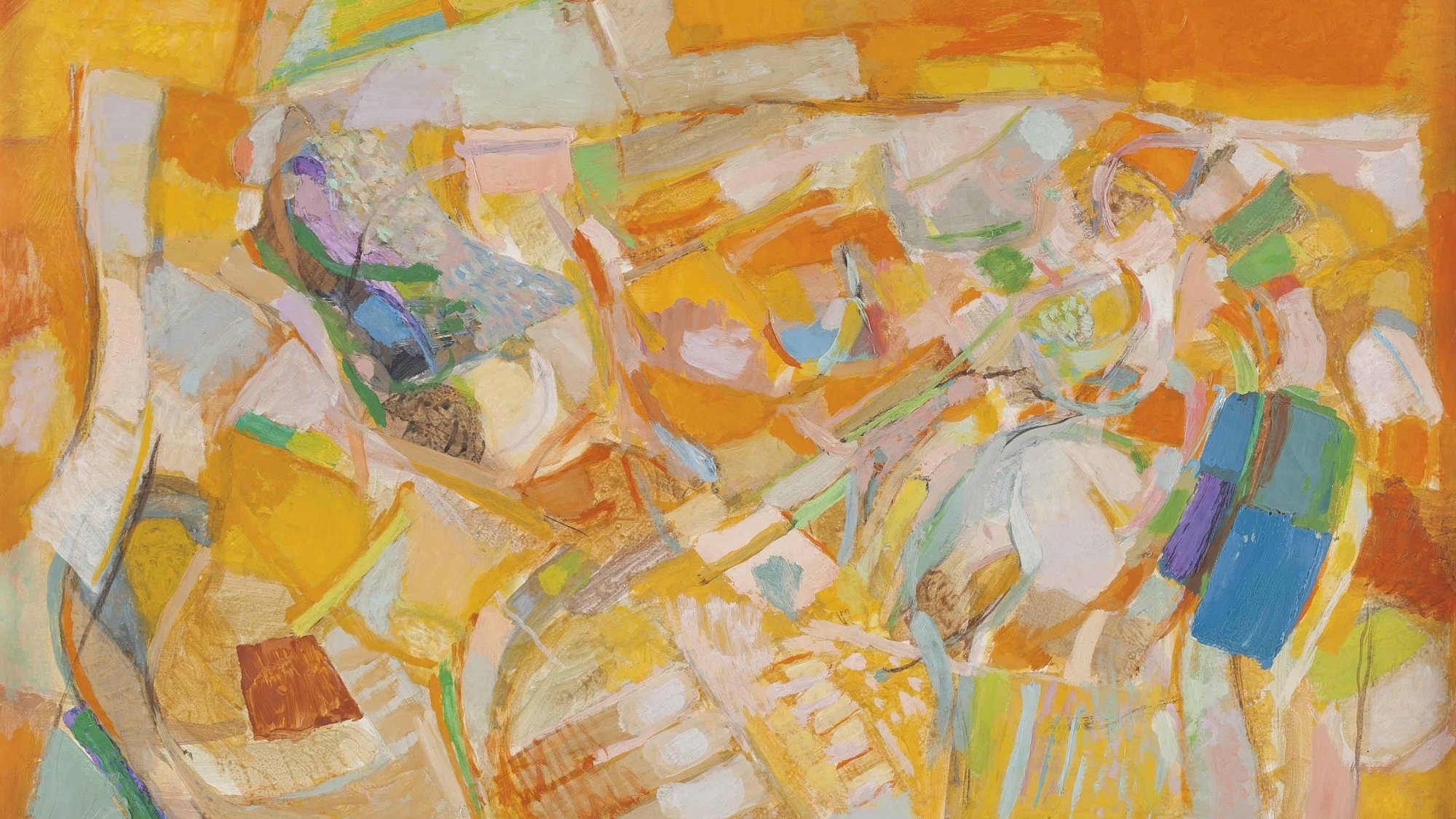 L'image présente une composition abstraite aux couleurs vives et chaleureuses, dominées par des tons orange, jaune et vert. Les formes géométriques s'entrelacent de manière fluide, créant un mouvement dynamique. On remarque des touches de peinture qui semblent représenter des éléments organiques ou des figures humaines de manière stylisée. L'ensemble évoque une sensation de légèreté et d'énergie, propre à l'art moderne. Le travail de la texture et la palette de couleurs contribuent à une atmosphère vibrante et expressive.