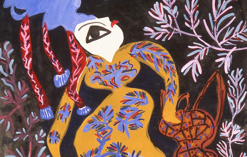 L'image présente une femme stylisée, vêtue d'une robe ornée de motifs floraux colorés. Elle se tient debout, avec un panier dans une main et les cheveux longs et ondulés, dont une partie semble flotter légèrement dans l'air. Le fond est dominé par des éléments végétaux, ajoutant à l'ambiance naturelle de la composition. Les couleurs vibrantes, telles que le jaune, le bleu et le rouge, donnent une impression de dynamisme et de mouvement. L'ensemble de l'œuvre dégage une atmosphère à la fois expressive et poétique.