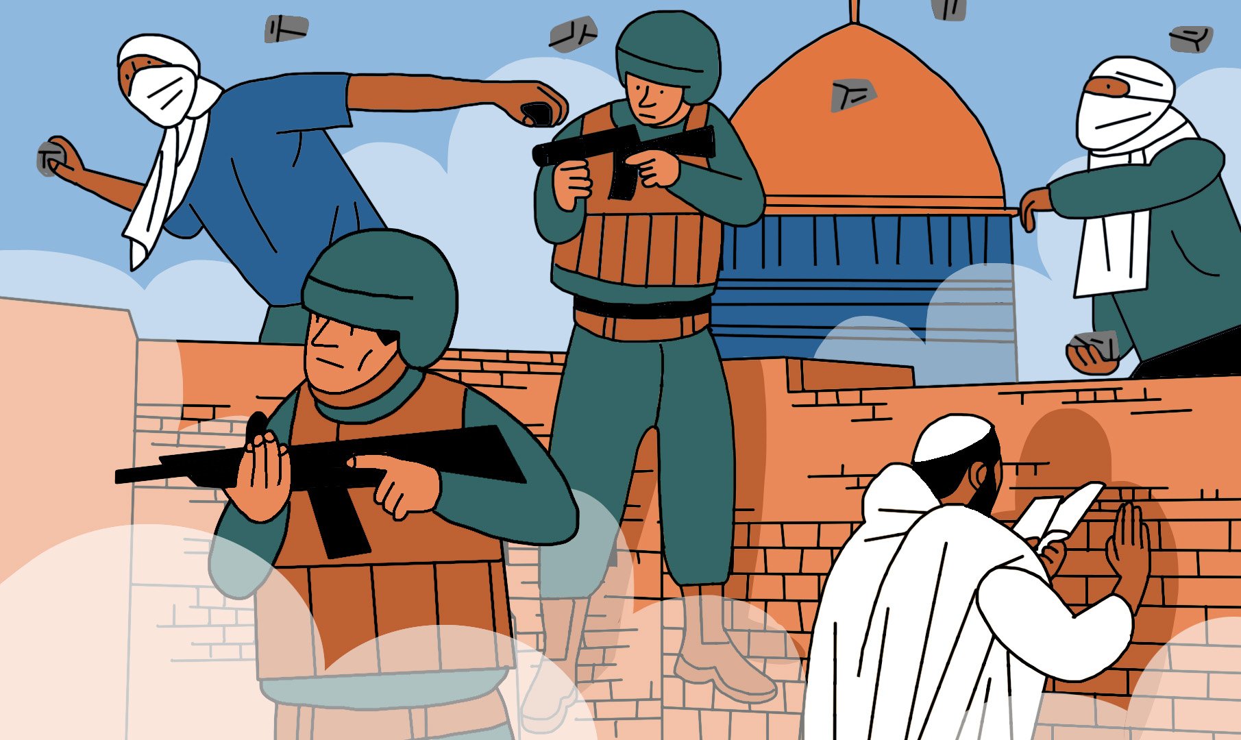 L'image représente une scène de conflit avec des personnages portant des casques et des vêtements militaires, certains tenant des armes, tandis que d'autres semblent préparer ou lancer des projectiles. En arrière-plan, on distingue un bâtiment avec un dôme. L'atmosphère est dynamique, illustrant une situation tendue et chaotique. Les personnages semblent engagés dans une confrontation, soulignant des thèmes de lutte et de résistance.