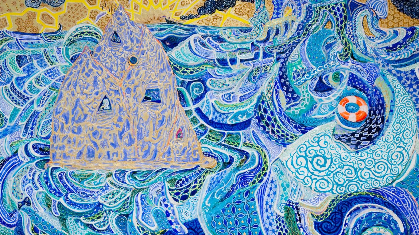 L'image présente une scène maritime riche en couleurs et en motifs. On y voit une grande vague abstraite aux nuances de bleu et de vert, entourée de motifs serpentins. Au centre, une structure ressemblant à un bâtiment ou un phare se dresse au milieu des flots tumultueux. En arrière-plan, il y a des éléments décoratifs supplémentaires, comme un soleil stylisé et des formes géométriques. L'ensemble dégage une atmosphère vivante et dynamique, mêlant art abstrait et éléments naturels.