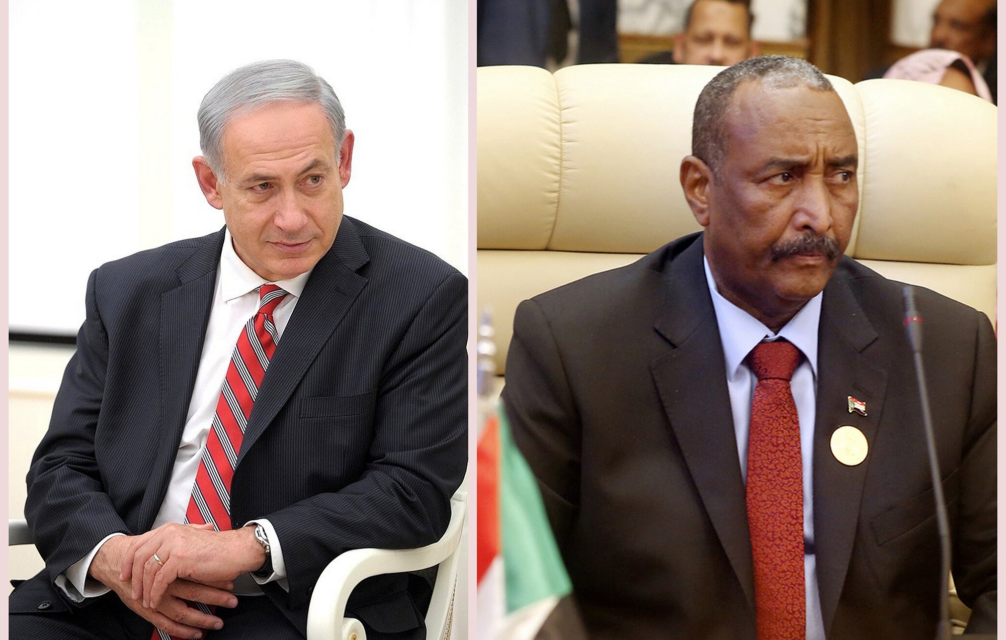 این تصویر دو شخصیت سیاسی را نشان می‌دهد. در سمت چپ، مردی با موهای خاکستری و لباسی رسمی به رنگ سیاه و با کراواتی رد و سفید دیده می‌شود. او در حالتی فکرکرده و آرام نشسته است. در سمت راست، مرد دیگری با صورتی جدی و لباسی رسمی به رنگ سیاه و نشان کشوری بر روی جیب خود نشسته است. این دو نفر احتمالاً در یک نشست یا کنفرانس در حال گفتگو هستند. در پس‌زمینه، تعدادی افراد دیگر مشاهده می‌شوند.