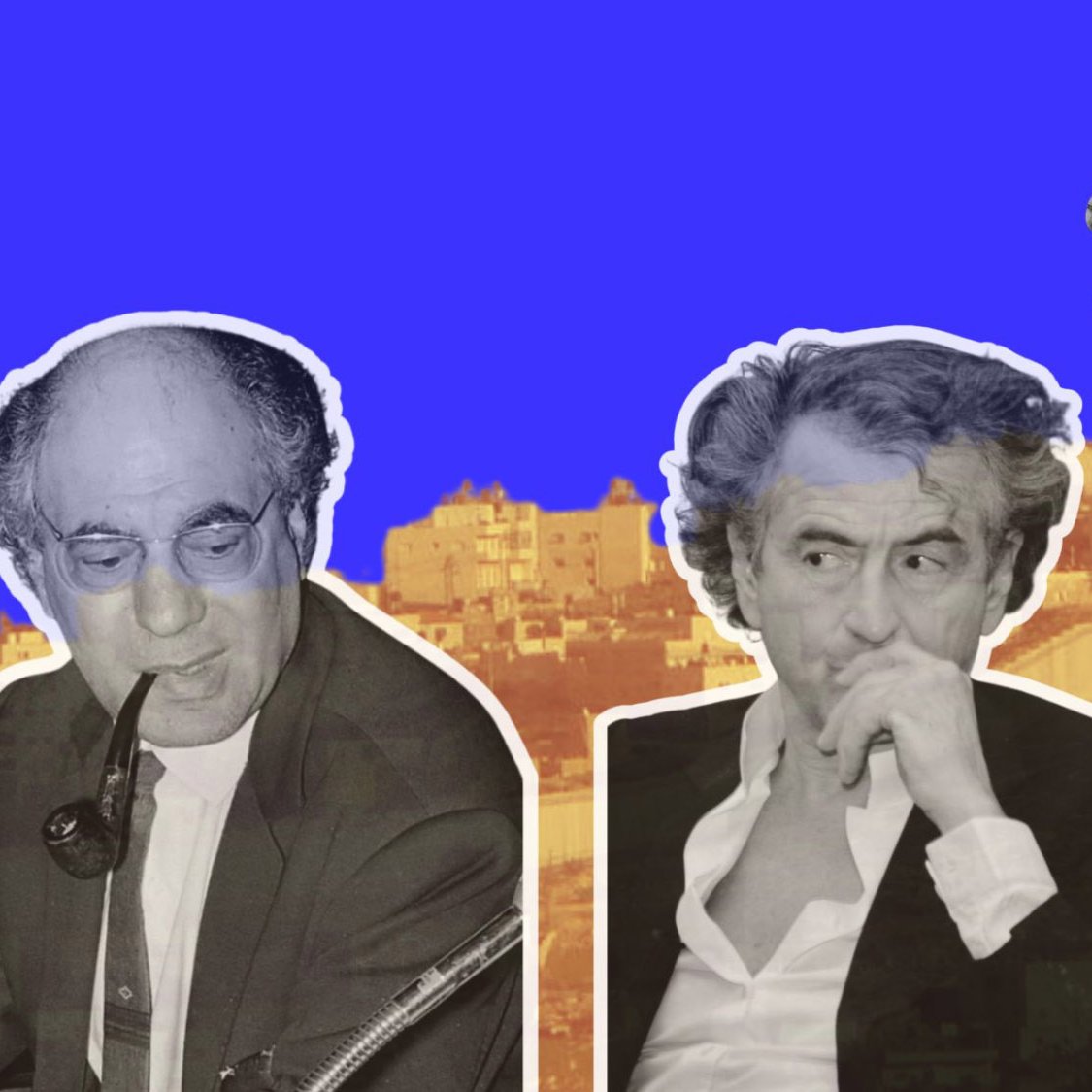 L'image semble représenter deux figures bien distinctes, probablement des personnes influentes ou des intellectuels, en utilisant un style de collage. En arrière-plan, on peut voir une ville, peut-être une illustration évoquant un contexte politique ou historique. L'un des personnages tient une pipe et porte des lunettes, tandis que l'autre semble pensif, avec les mains au menton. Des éléments comme un soldat et un mur suggèrent une atmosphère de tension ou de conflit. Les couleurs vives du fond ajoutent un contraste frappant à la composition.