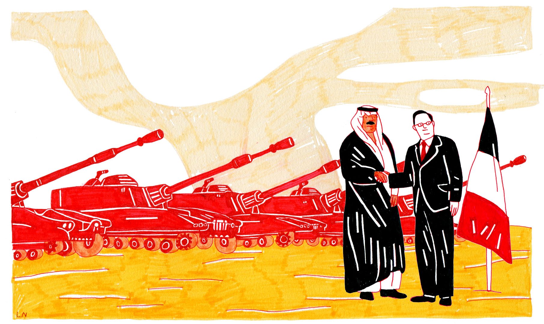 L'image représente une scène stylisée avec deux personnages au premier plan, l'un vêtu d'une tenue traditionnelle arabe et l'autre en costume. Ils sont en train de se serrer la main, symbolisant un accord ou une coopération. En arrière-plan, on aperçoit plusieurs chars de combat, suggérant un contexte militaire ou de tension. Le paysage est dessiné avec des couleurs vives comme le rouge et le jaune, ce qui donne à l'ensemble un aspect graphique et impactant.