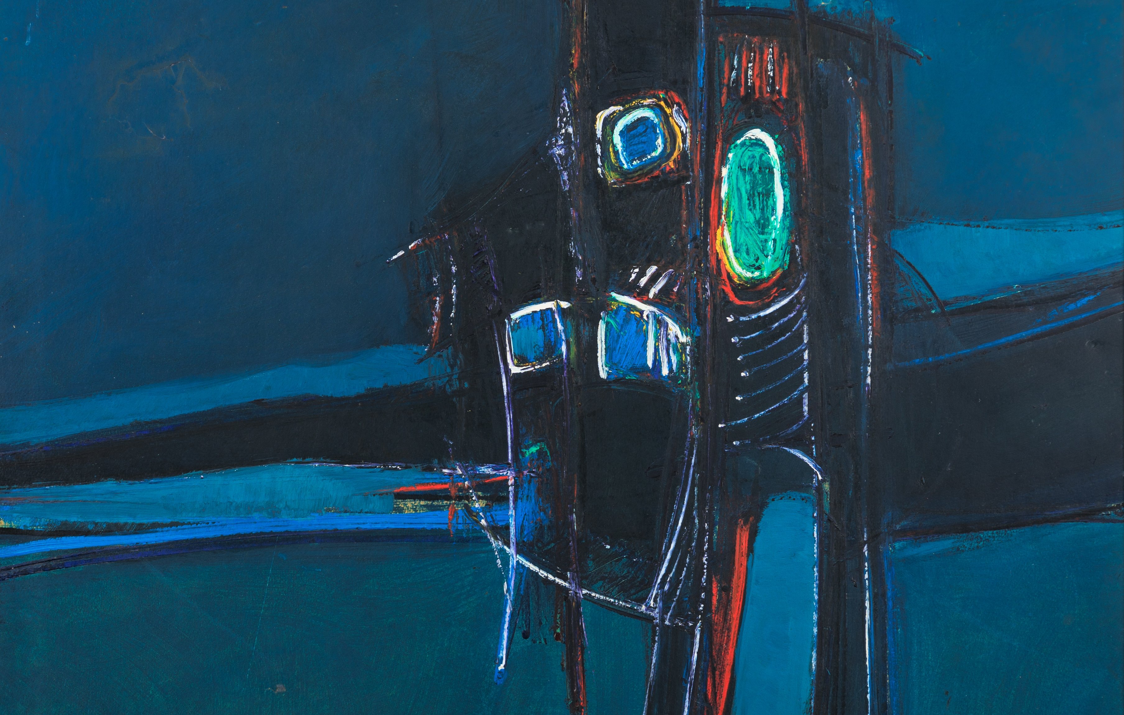 L'image représente une œuvre abstraite avec des formes géométriques et des couleurs vives sur un fond sombre. On peut y voir des lignes et des traits qui se démarquent dans des teintes de bleu, noir, et des accents de couleurs vives comme le rouge et le vert. La composition semble suggérer une figure ou un visage stylisé, mais l'ensemble reste largement interprétatif, laissant place à l'imagination. Les contrastes de couleurs et les formes dynamiques créent une atmosphère intrigante et expressive.