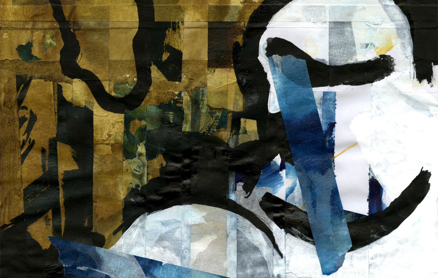 L'image est une composition abstraite avec des formes et des couleurs variées. On y voit des touches de bleu, de noir et de doré, créant une texture riche. Les lignes et formes semblent entrelacées, évoquant une sensation de profondeur et de mouvement.