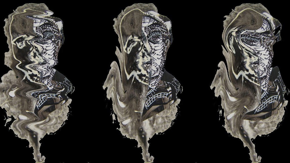 L'image présente une série de trois sculptures stylisées ou portraits, qui semblent légèrement déformés ou ondulés, créant une impression de mouvement ou d'abstraction. Chaque figure a des traits faciaux simplifiés, avec des éléments graphiques noirs et blancs qui évoquent un style artistique particulier. L'arrière-plan est noir, ce qui met en avant les détails des sculptures et accentue leur caractère énigmatique. Ces œuvres pourraient évoquer des thèmes comme l'identité ou la perception.