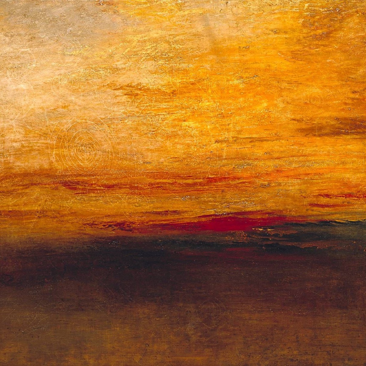 L'image représente un paysage abstrait dominé par des teintes chaudes de jaune, d'orange et de rouge, évoquant un coucher de soleil. Les couleurs semblent se fondre les unes dans les autres, créant une atmosphère douce et apaisante. Le bas de l'image présente des nuances plus sombres, suggérant une mer ou un horizon. L'ensemble donne une impression de calme et de sérénité, tout en mettant en valeur la beauté naturelle du ciel.