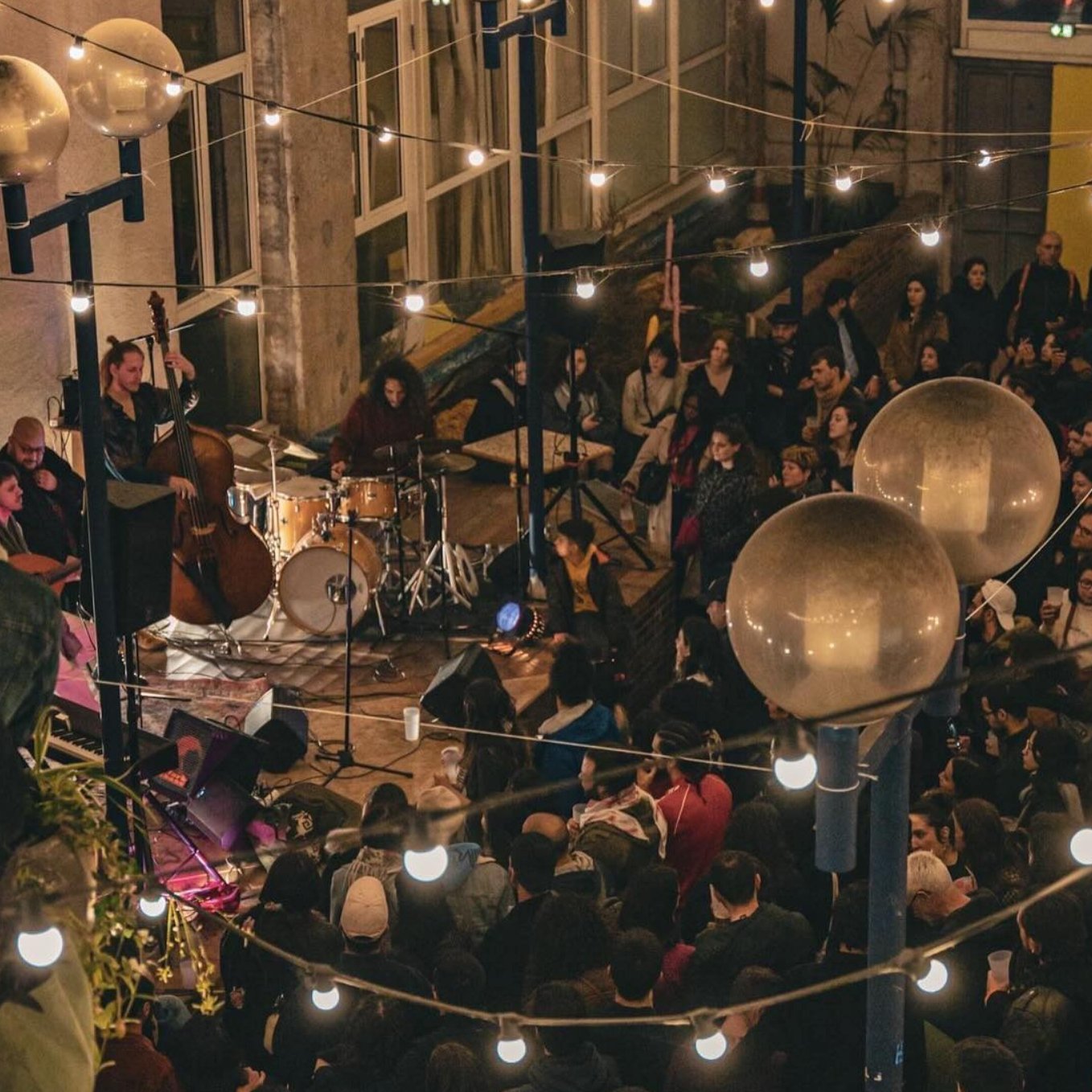 Concert animé dans un lieu chaleureux, éclairé par des guirlandes lumineuses.
