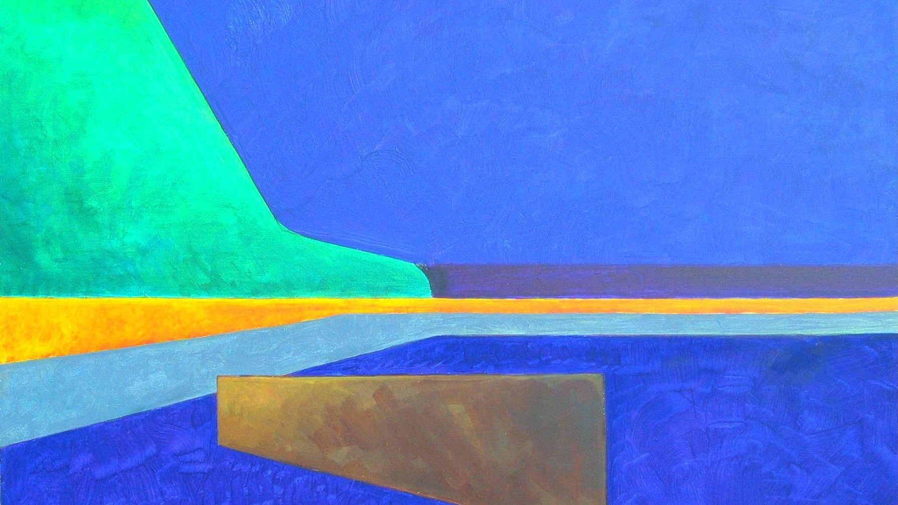 L'image présente un paysage abstrait aux couleurs vives. On y voit des formes géométriques et des lignes qui évoquent une scène naturelle. À gauche, une grande forme verte représente une colline ou une montagne stylisée, tandis qu'à droite, des nuances de bleu dominent le bas de l'image, suggérant une étendue d'eau. Un bandeau jaune clair s'étend horizontalement, créant un contraste avec les autres couleurs. L'ensemble dégage une atmosphère calme et apaisante, typique de la peinture moderne abstraite.