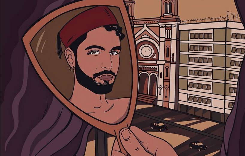 L'image montre un homme avec un turban rouge qui se reflète dans un miroir, tenu par une main. En arrière-plan, on peut voir un paysage urbain avec un bâtiment architectural remarquable et d'autres structures, le tout dans des tons chauds et terreux. Les rideaux violets encadrent la scène, ajoutant une touche d'élégance à l'image. L'ensemble dégage une ambiance introspective.